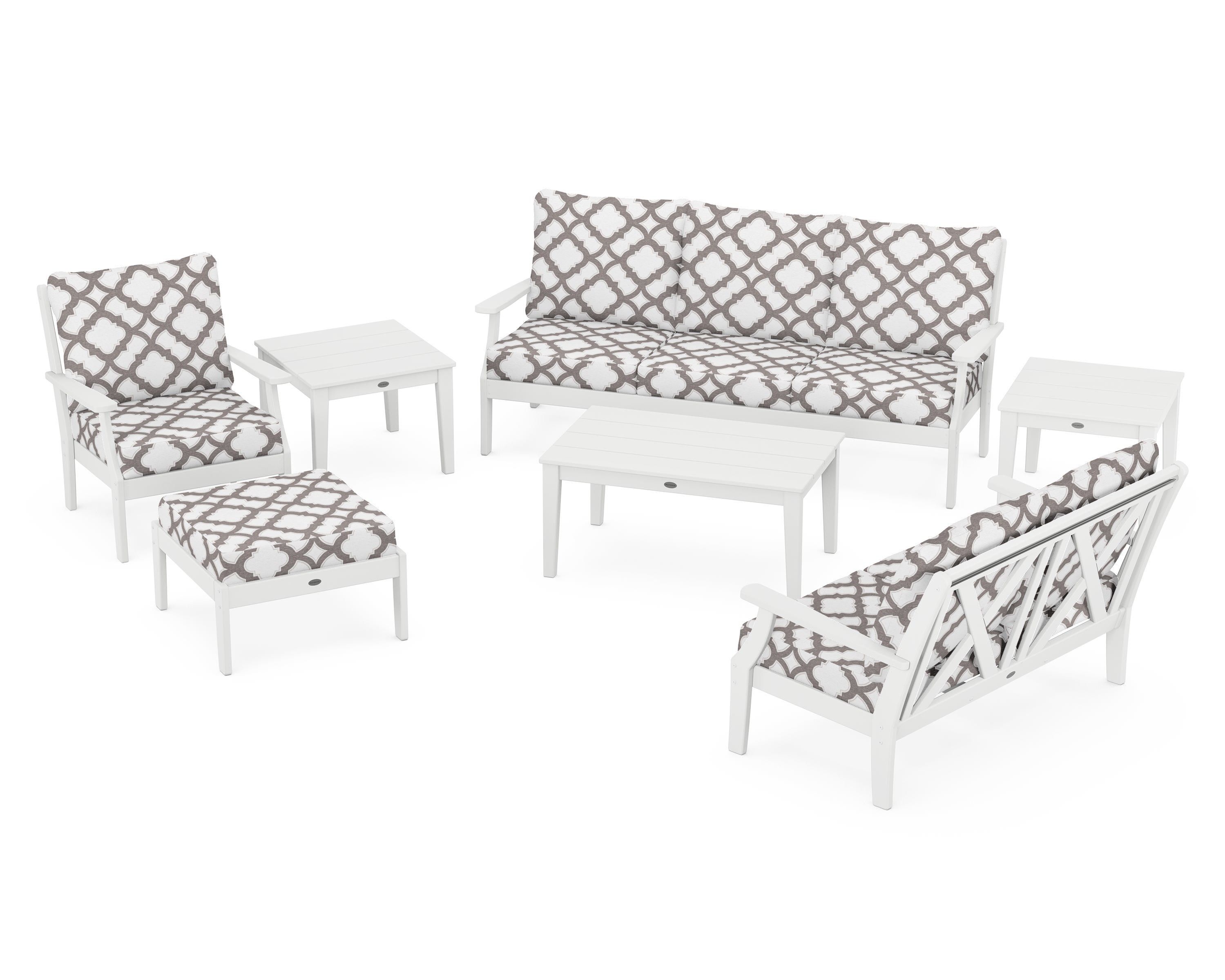 POLYWOOD® Braxton 7-Piece Deep Seating Set in White / Trellis Grey Mist