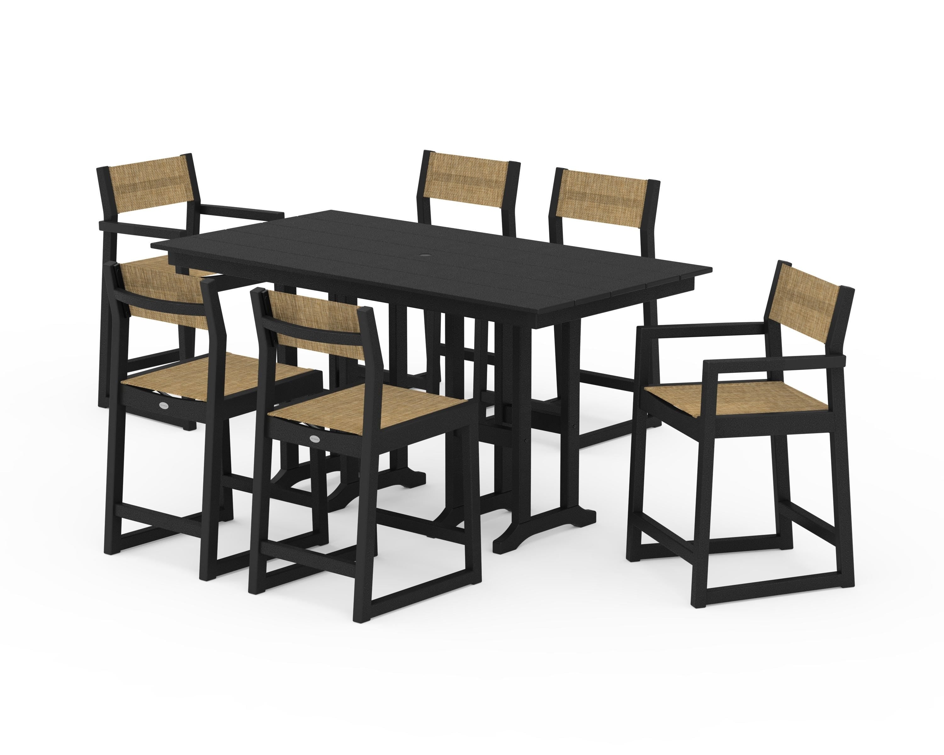 POLYWOOD® EDGE Sling 7-Piece Farmhouse Counter Set in Black / Burlap Sling