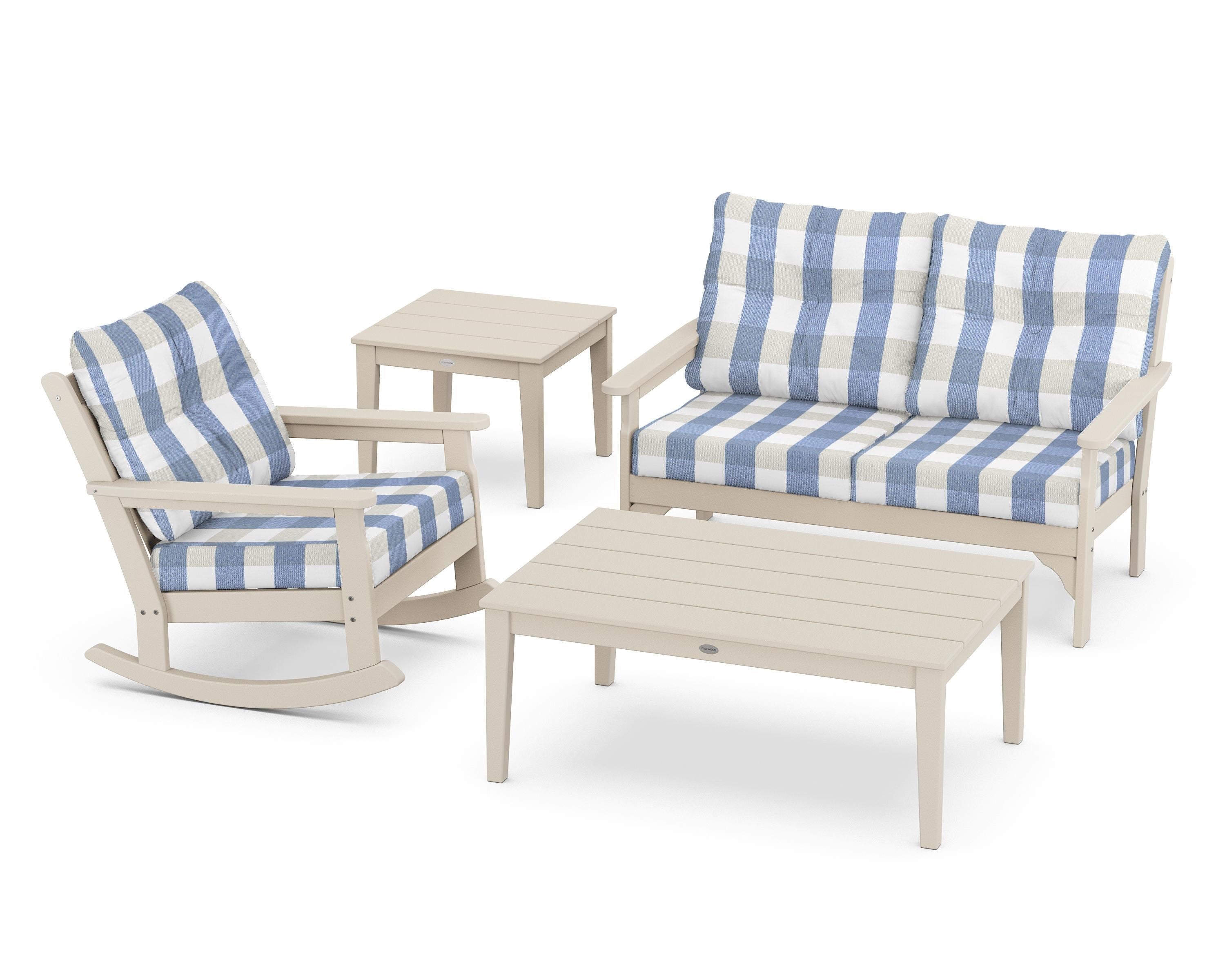 POLYWOOD® Vineyard 4-Piece Deep Seating Rocker Set in Sand / Buffalo Plaid Sky Blue