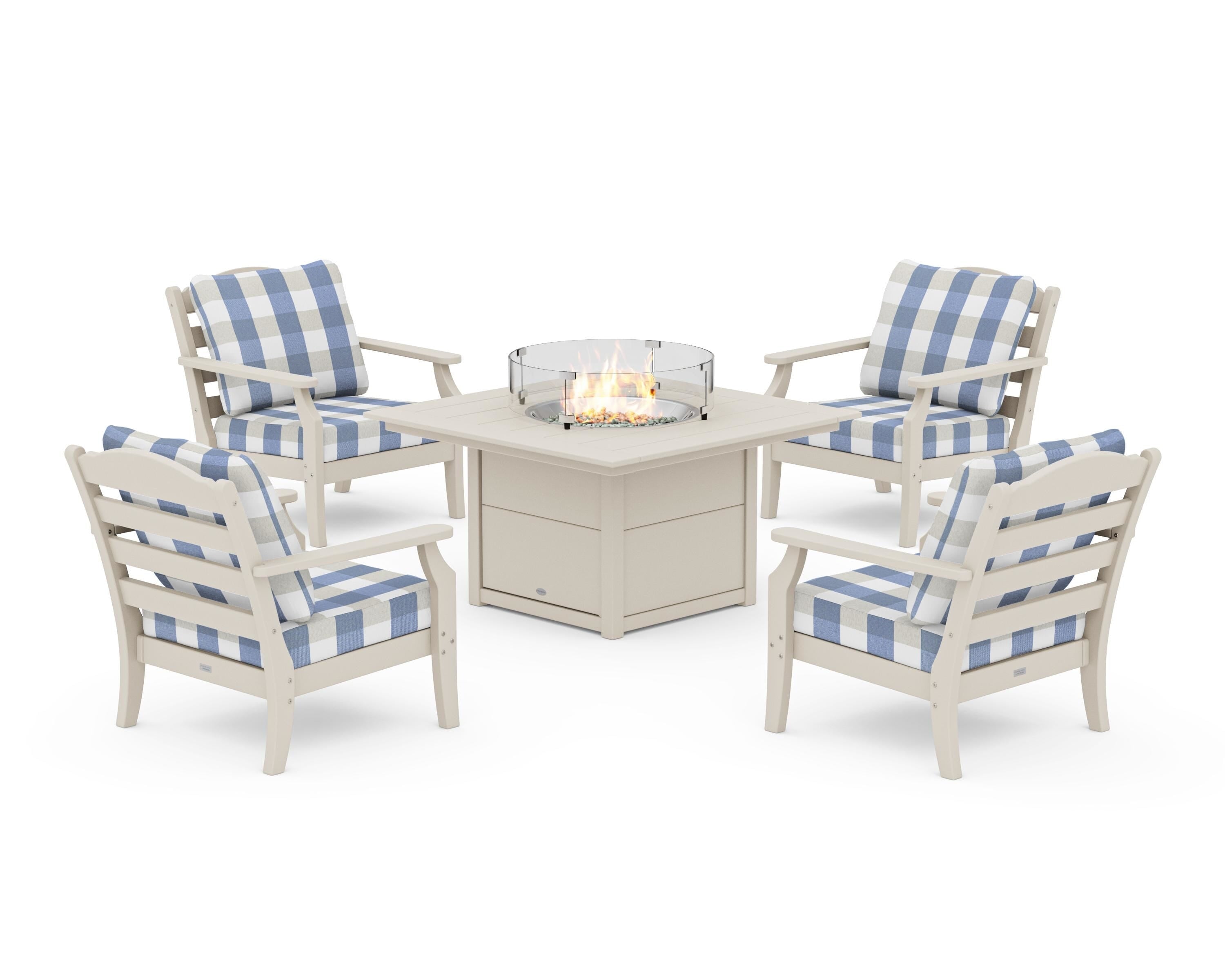 Draper James™ by POLYWOOD® Savannah 5-Piece Deep Seating Set with Fire Pit Table in Sand / Buffalo Plaid Sky Blue