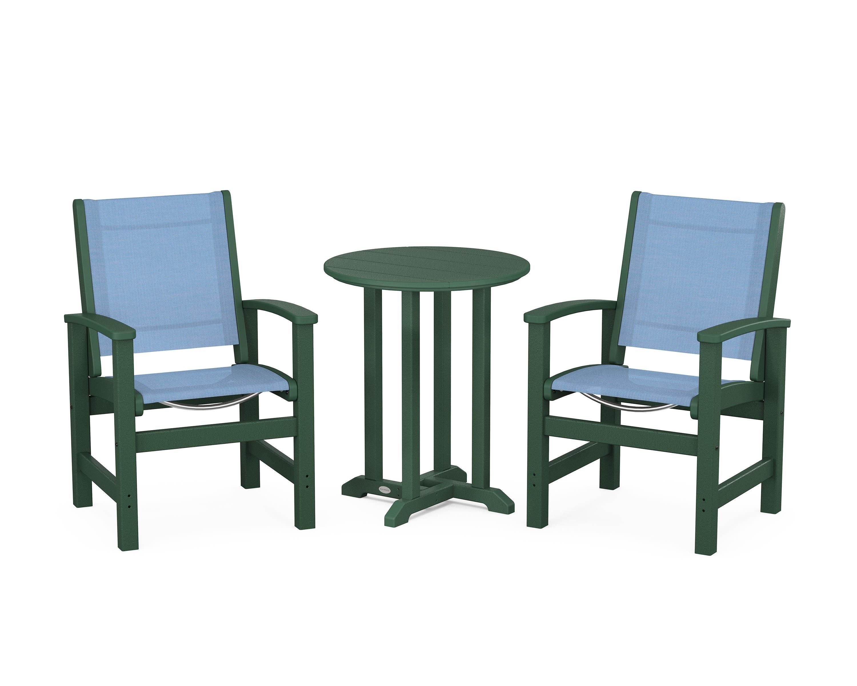 POLYWOOD® Coastal 3-Piece Round Bistro Dining Set in Green / Poolside Sling
