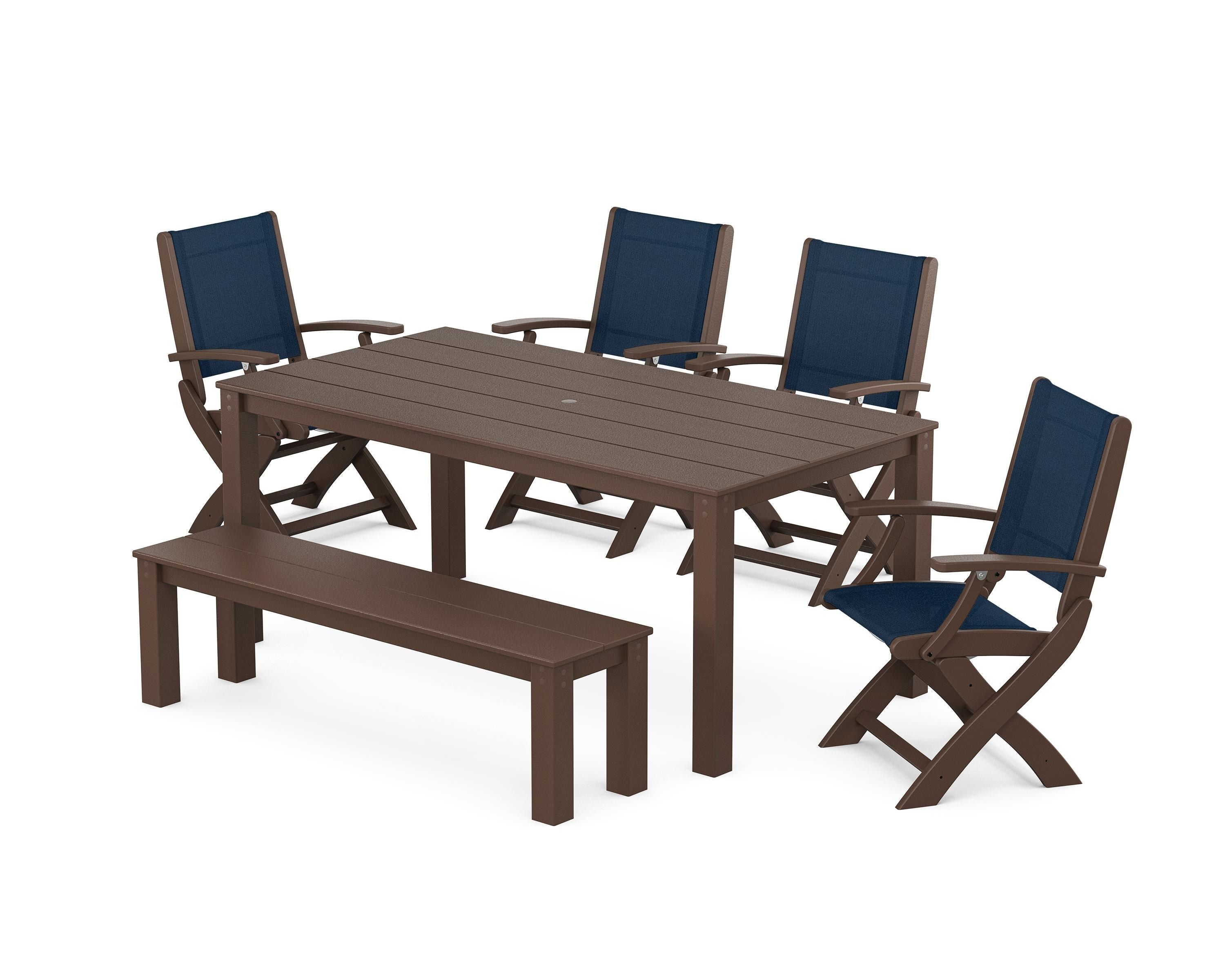 POLYWOOD® Coastal Folding Chair 6-Piece Parsons Dining Set with Bench in Mahogany / Navy Blue Sling