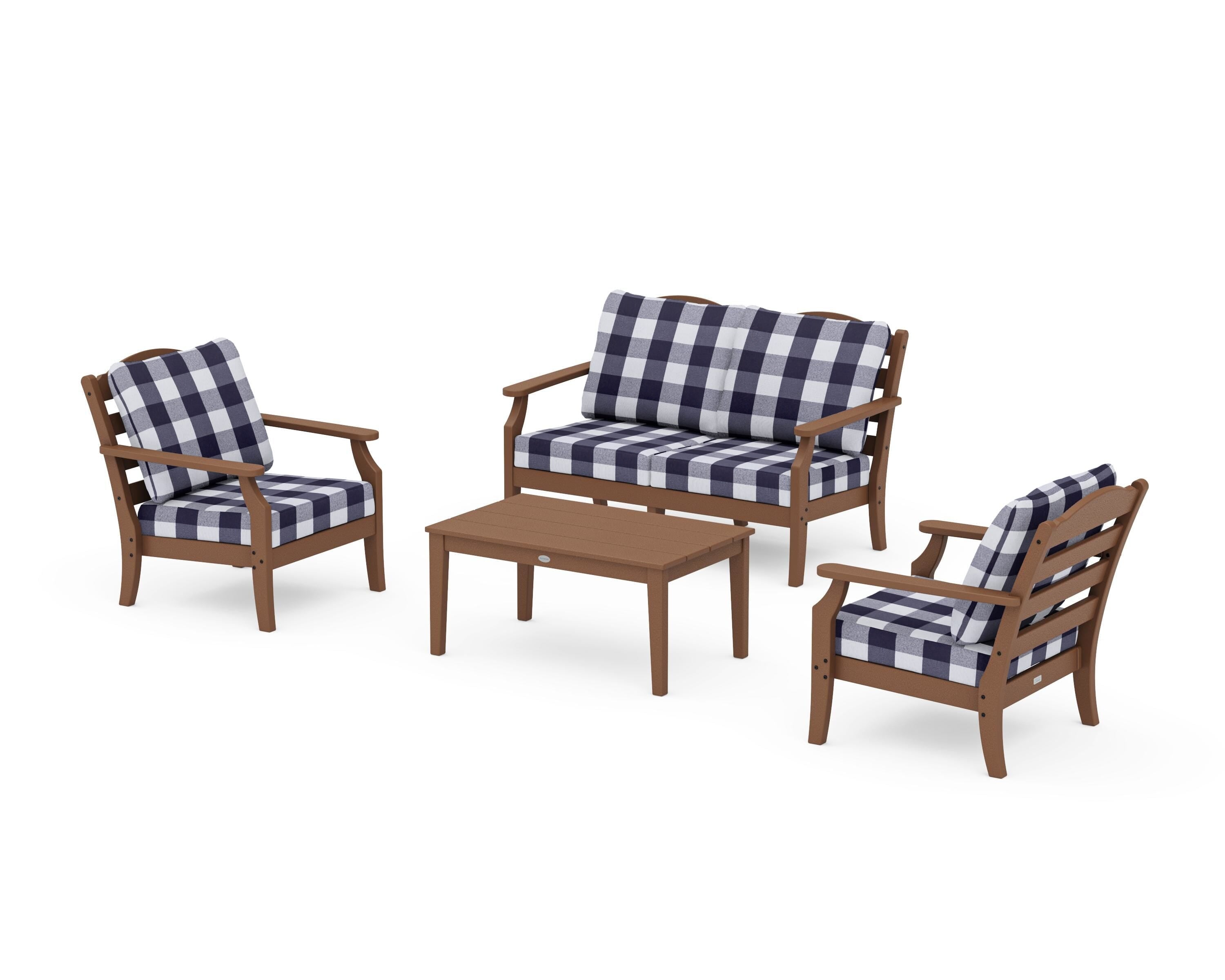 Draper James™ by POLYWOOD® Savannah 4-Piece Deep Seating Set with Loveseat in Teak / Buffalo Plaid Navy