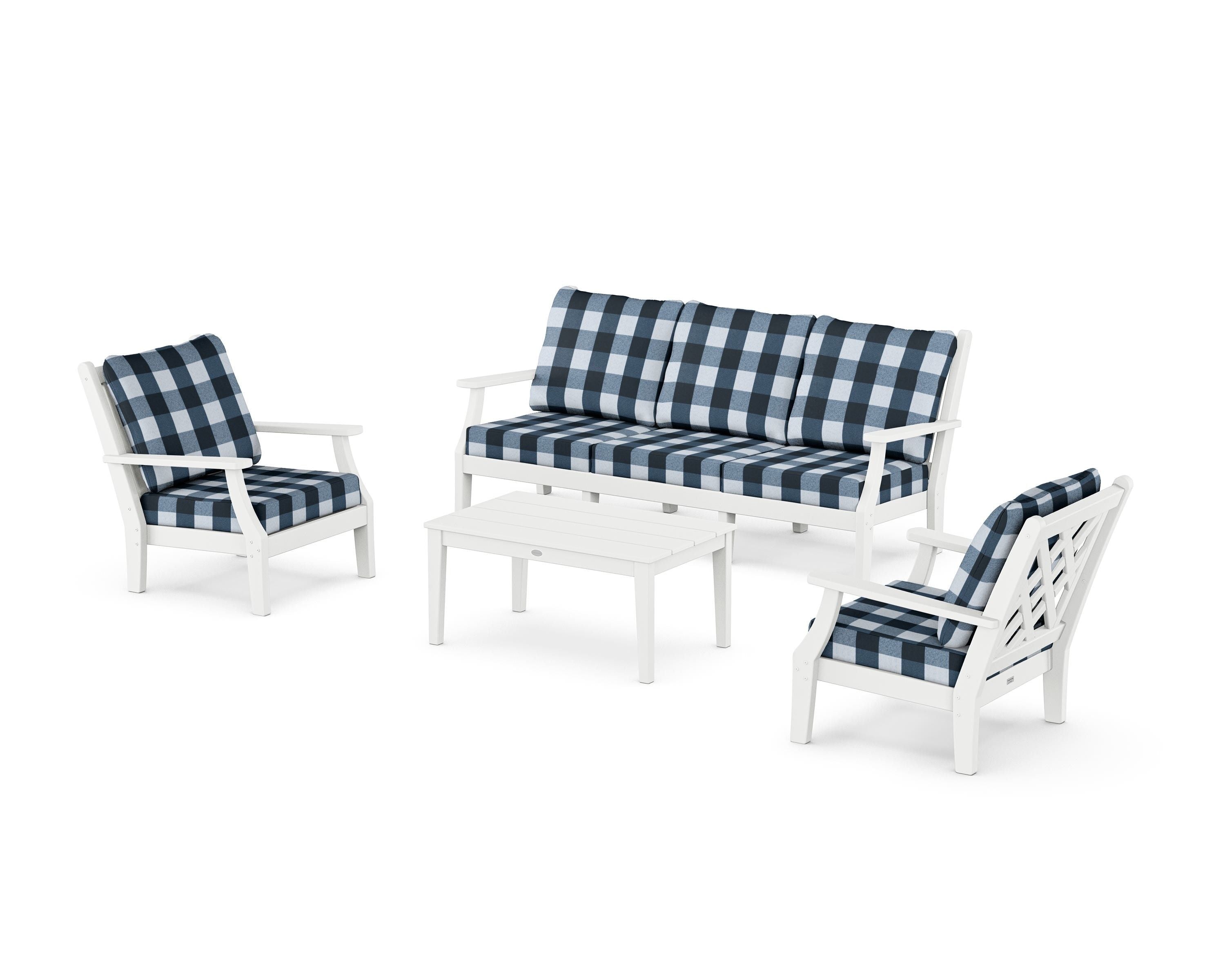Country Living Wovendale 4-Piece Deep Seating Set with Sofa in White / Buffalo Plaid Marine Indigo
