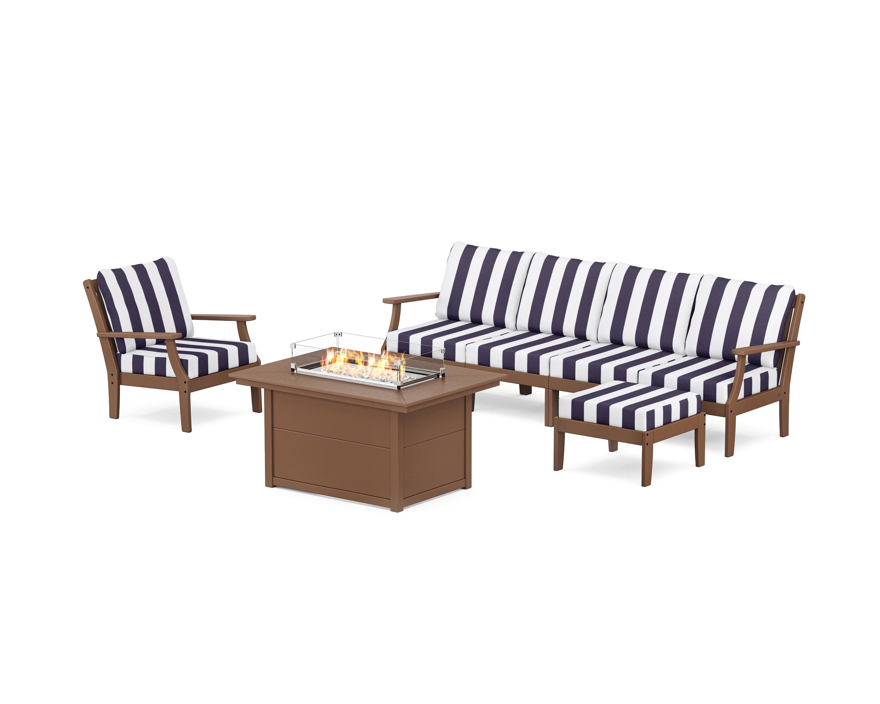 POLYWOOD® Braxton Sectional Lounge and Fire Pit Set in Teak / Cabana Stripe Navy