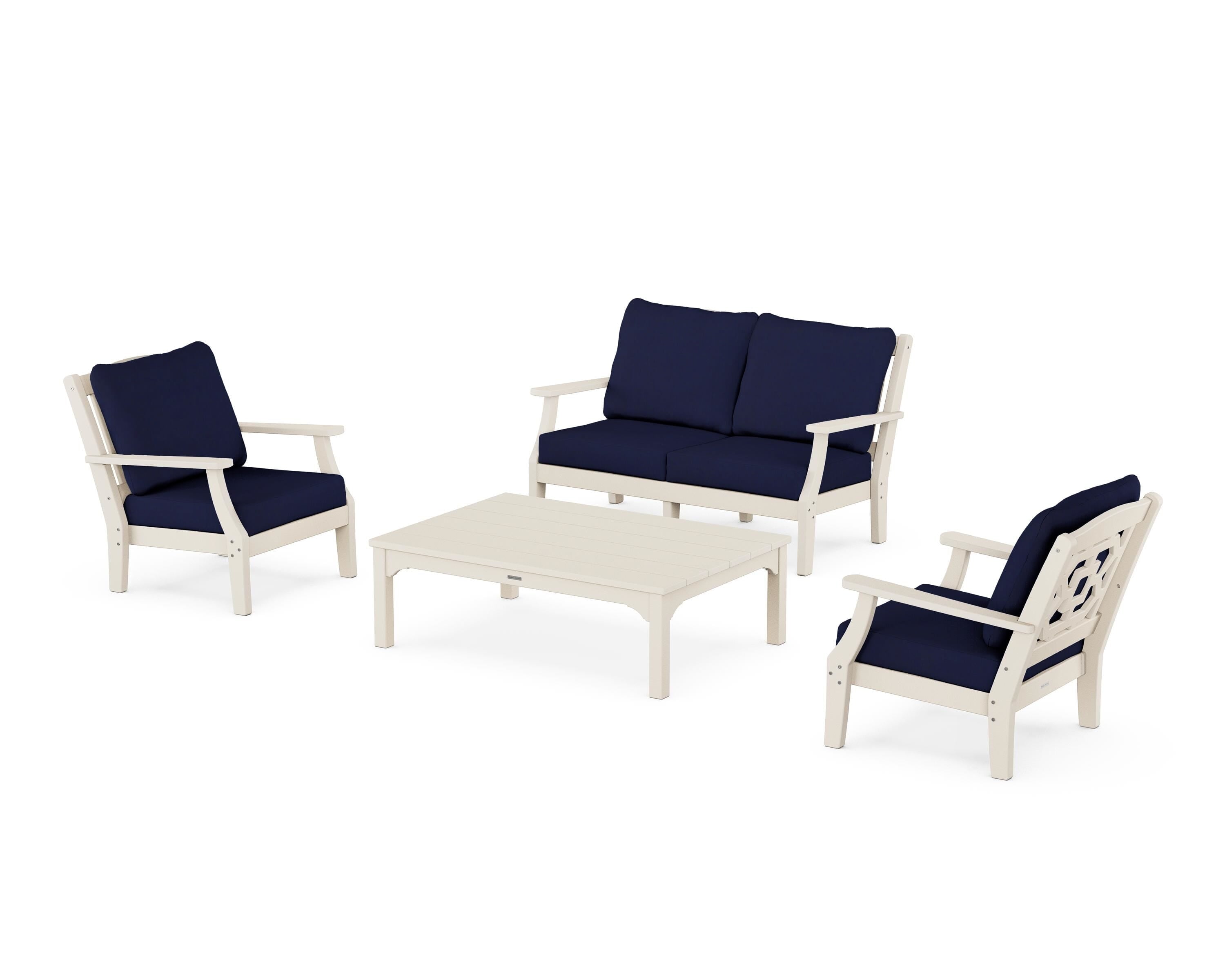Martha Stewart by POLYWOOD® Chinoiserie 4-Piece Deep Seating Set with Loveseat in Sand / Navy