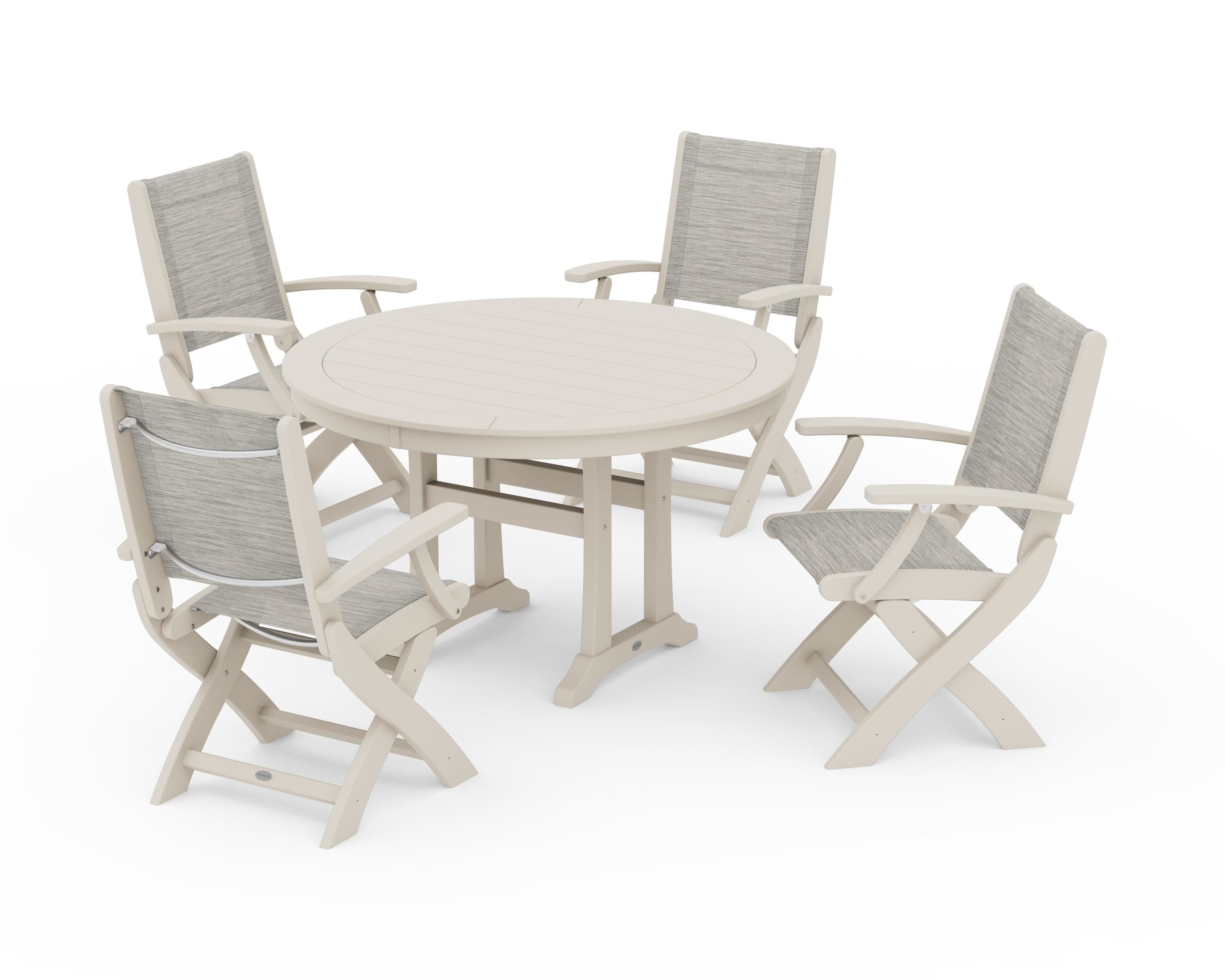 POLYWOOD® Coastal Folding Chair 5-Piece Round Dining Set with Trestle Legs in Sand / Birch Sling