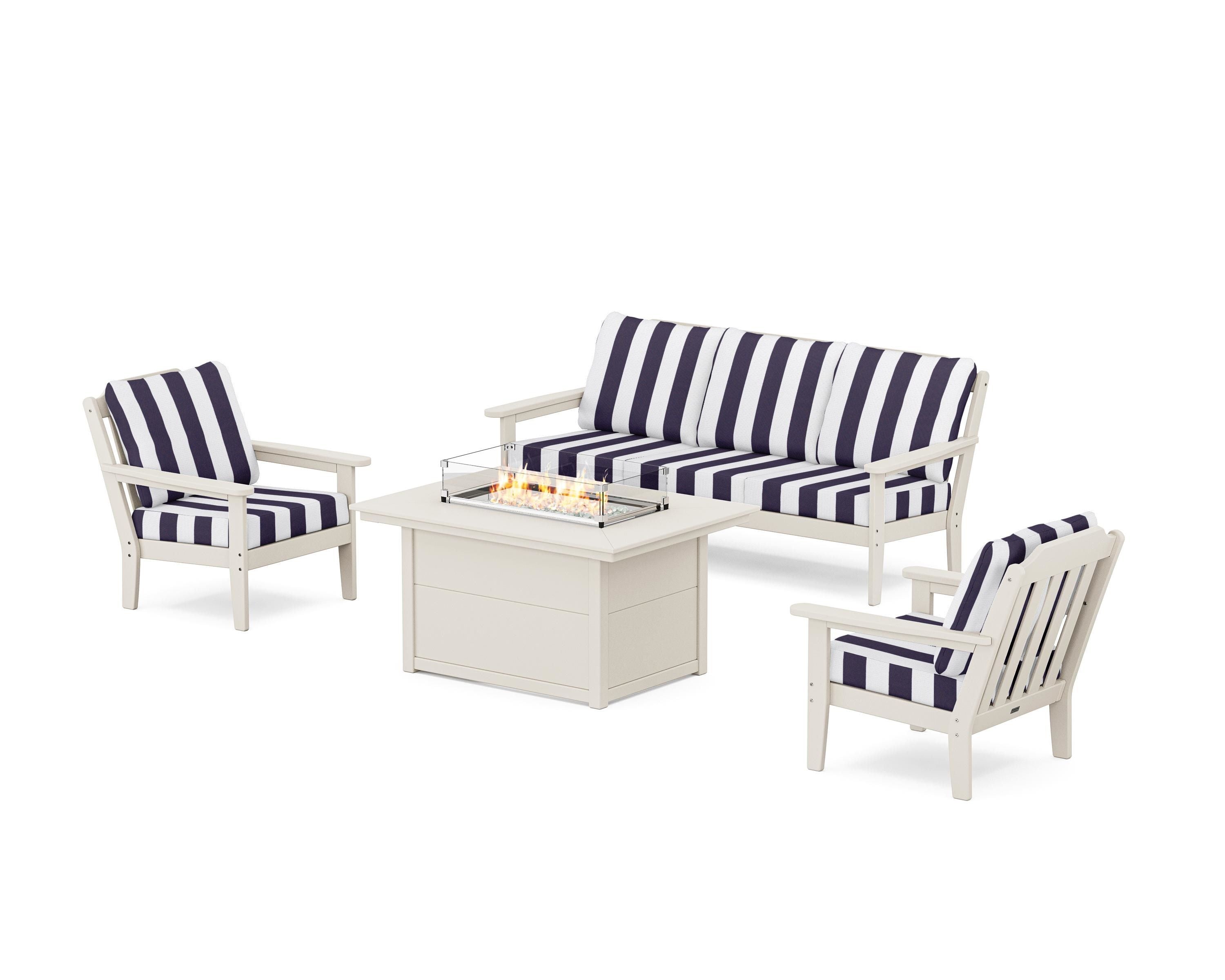 Country Living Cottage Deep Seating Fire Pit Table Set in Sand / Cabana Stripe Navy