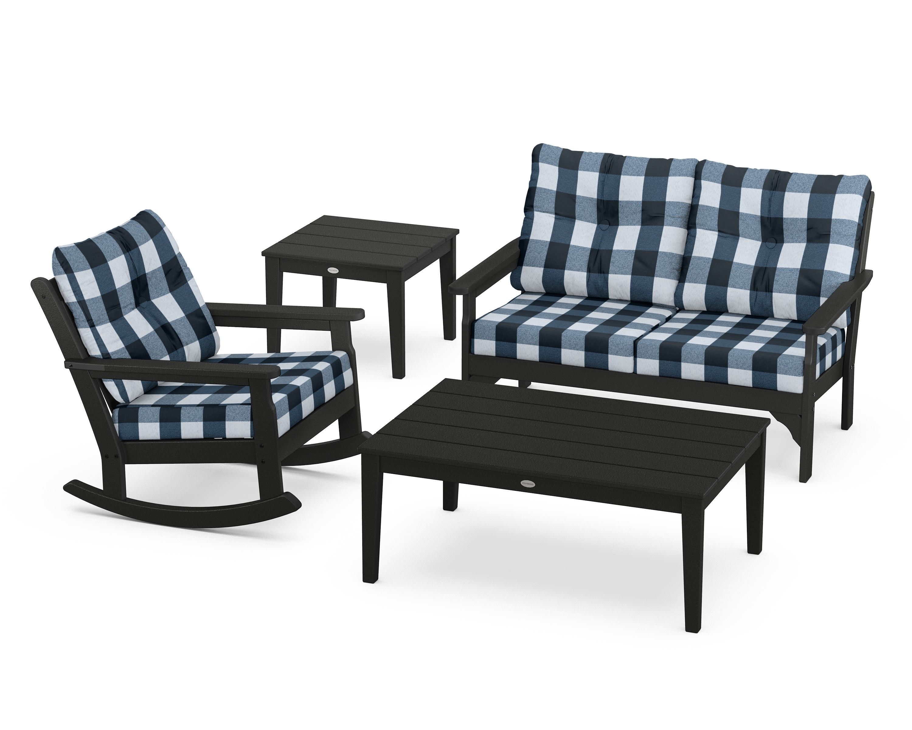 POLYWOOD® Vineyard 4-Piece Deep Seating Rocker Set in Black / Buffalo Plaid Marine Indigo