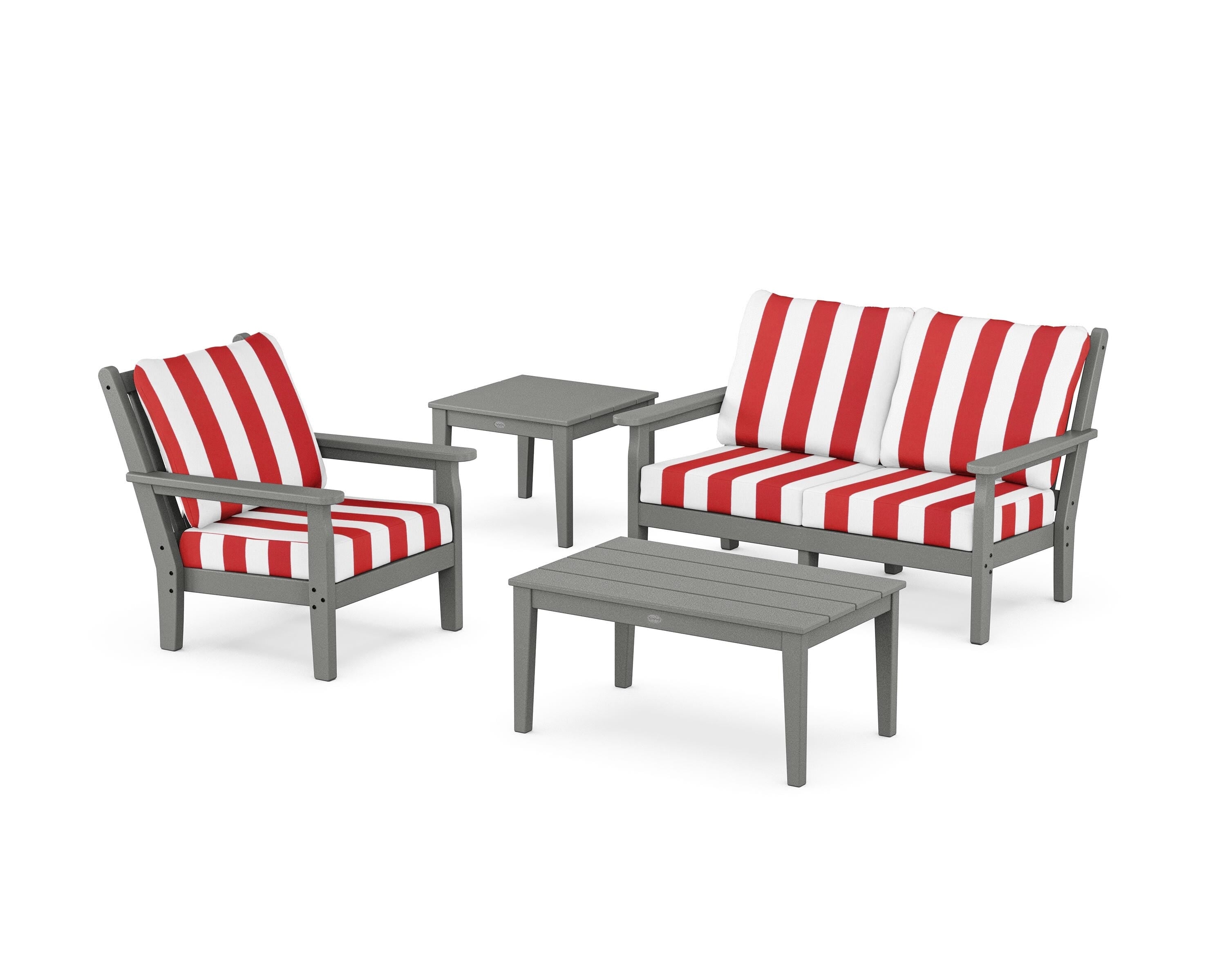 POLYWOOD® Chippendale 4-Piece Deep Seating Set in Slate Grey / Cabana Stripe Crimson