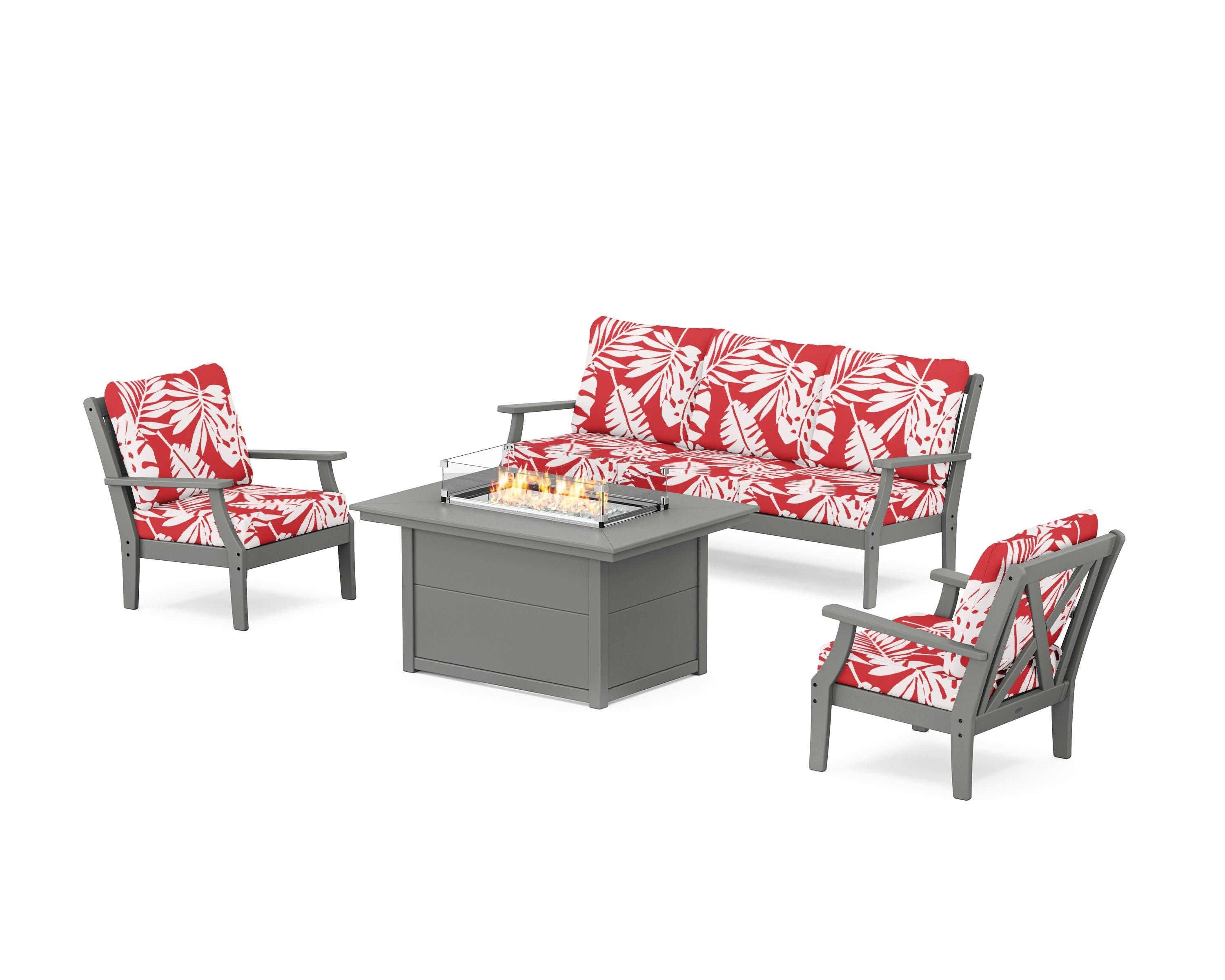 POLYWOOD® Braxton Deep Seating Fire Pit Table Set in Slate Grey / Leaf Crimson