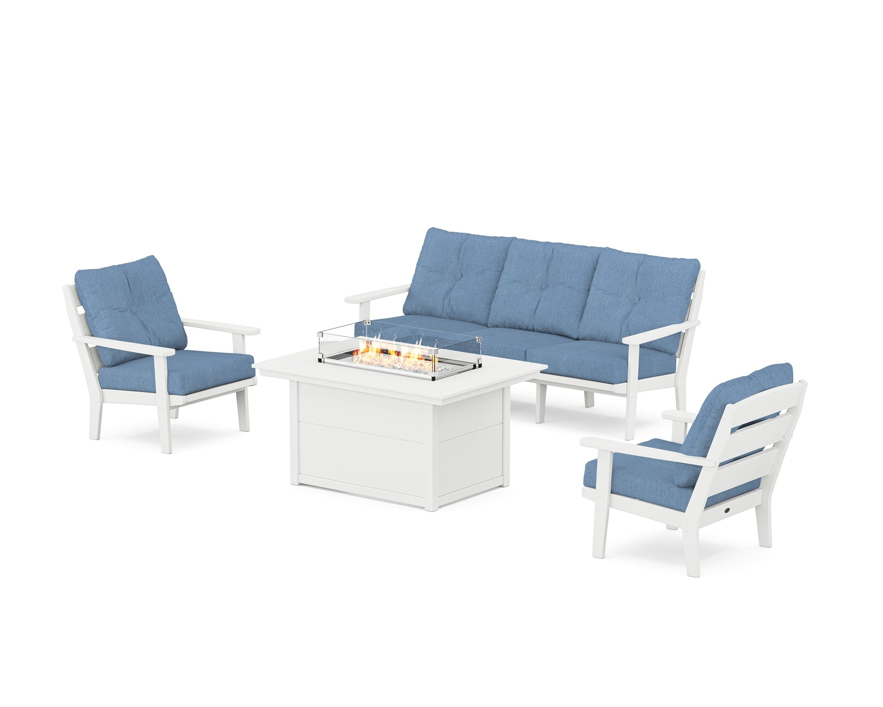POLYWOOD® Lakeside Deep Seating Fire Pit Table Set in White / Sky Blue