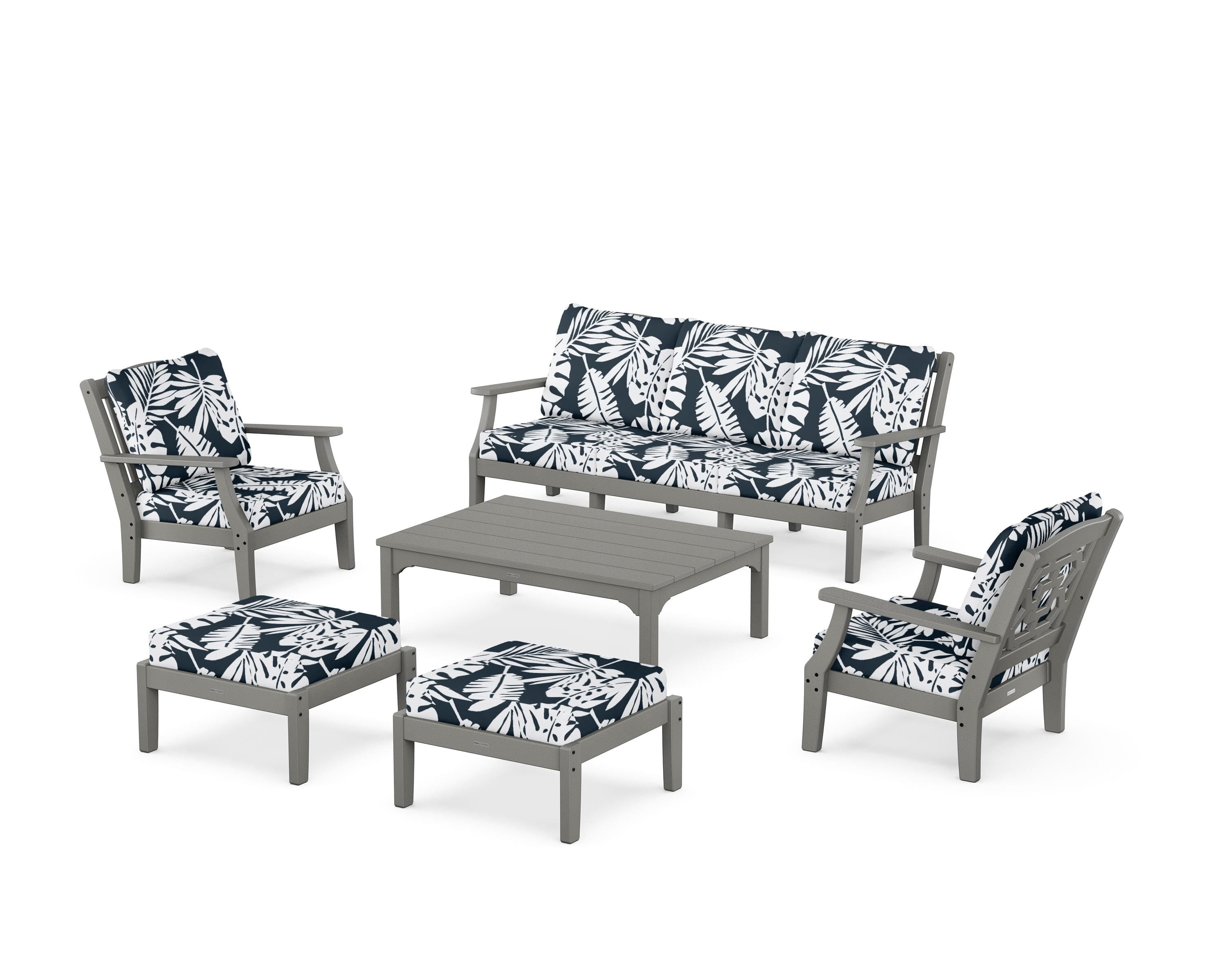Martha Stewart by POLYWOOD® Chinoiserie 6-Piece Lounge Sofa Set in Slate Grey / Leaf Marine Indigo
