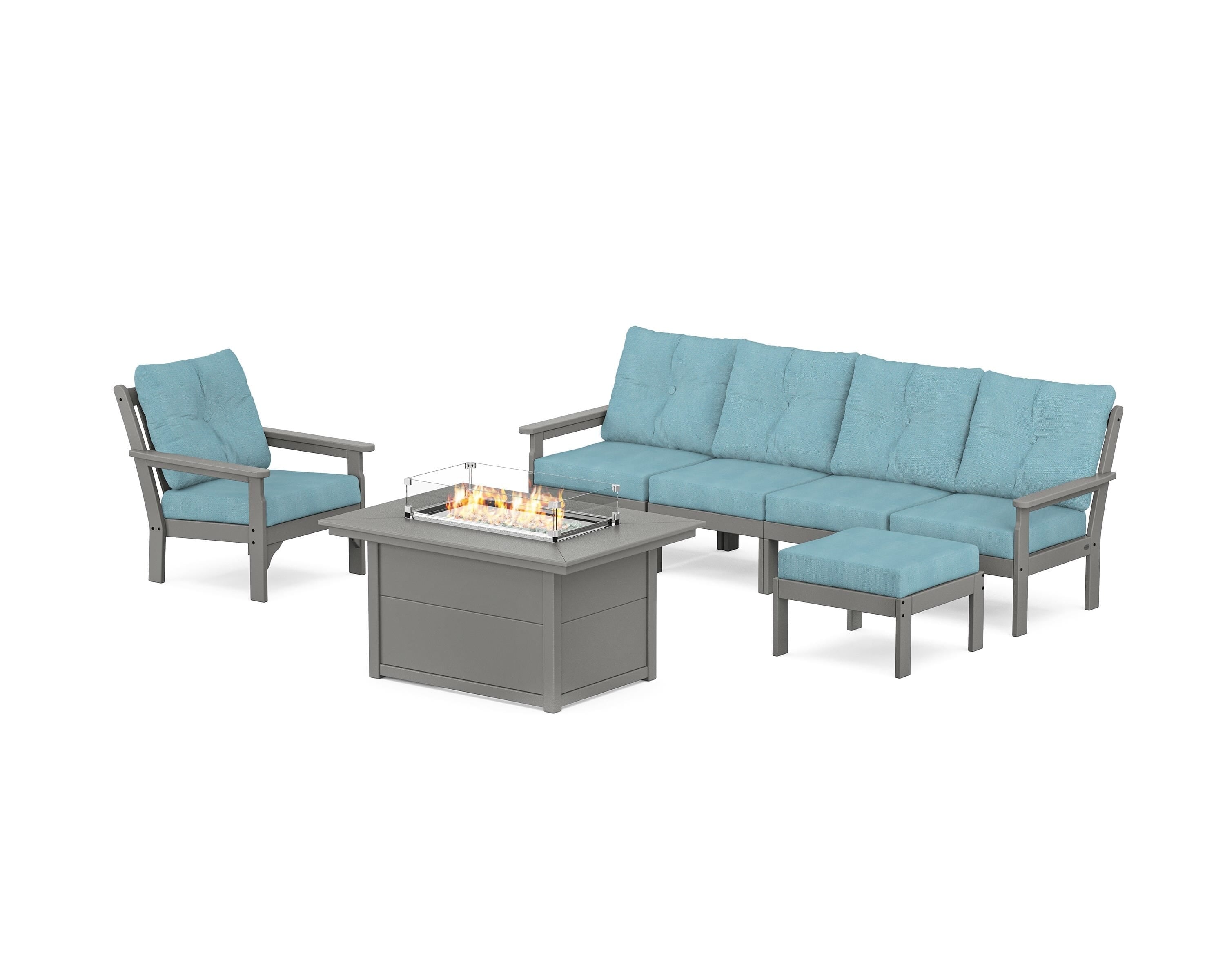 POLYWOOD® Vineyard Sectional Lounge and Fire Pit Set in Slate Grey / Lattice Sky Blue