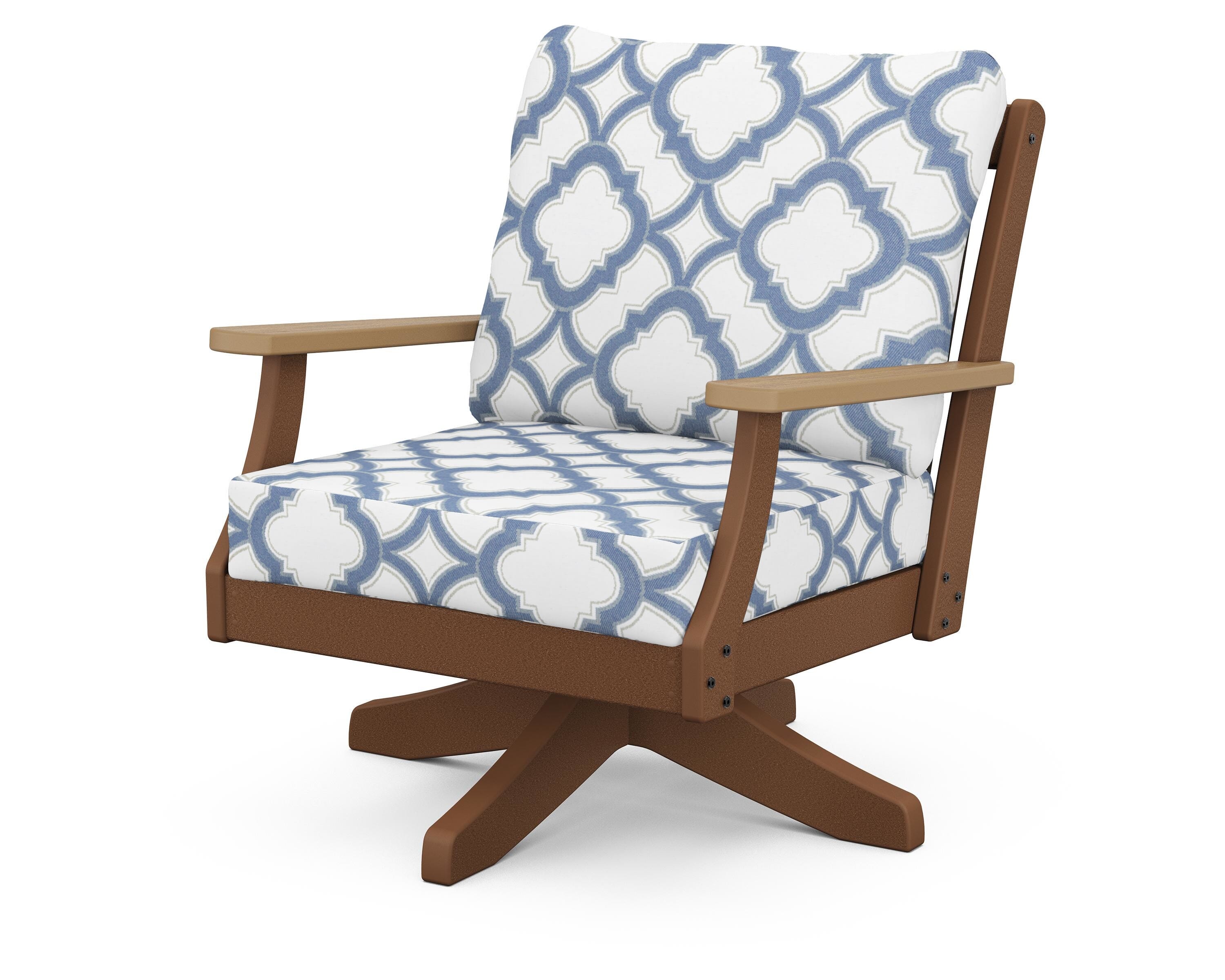 POLYWOOD® Braxton Deep Seating Swivel Chair in Teak / Natural / Trellis Sky Blue