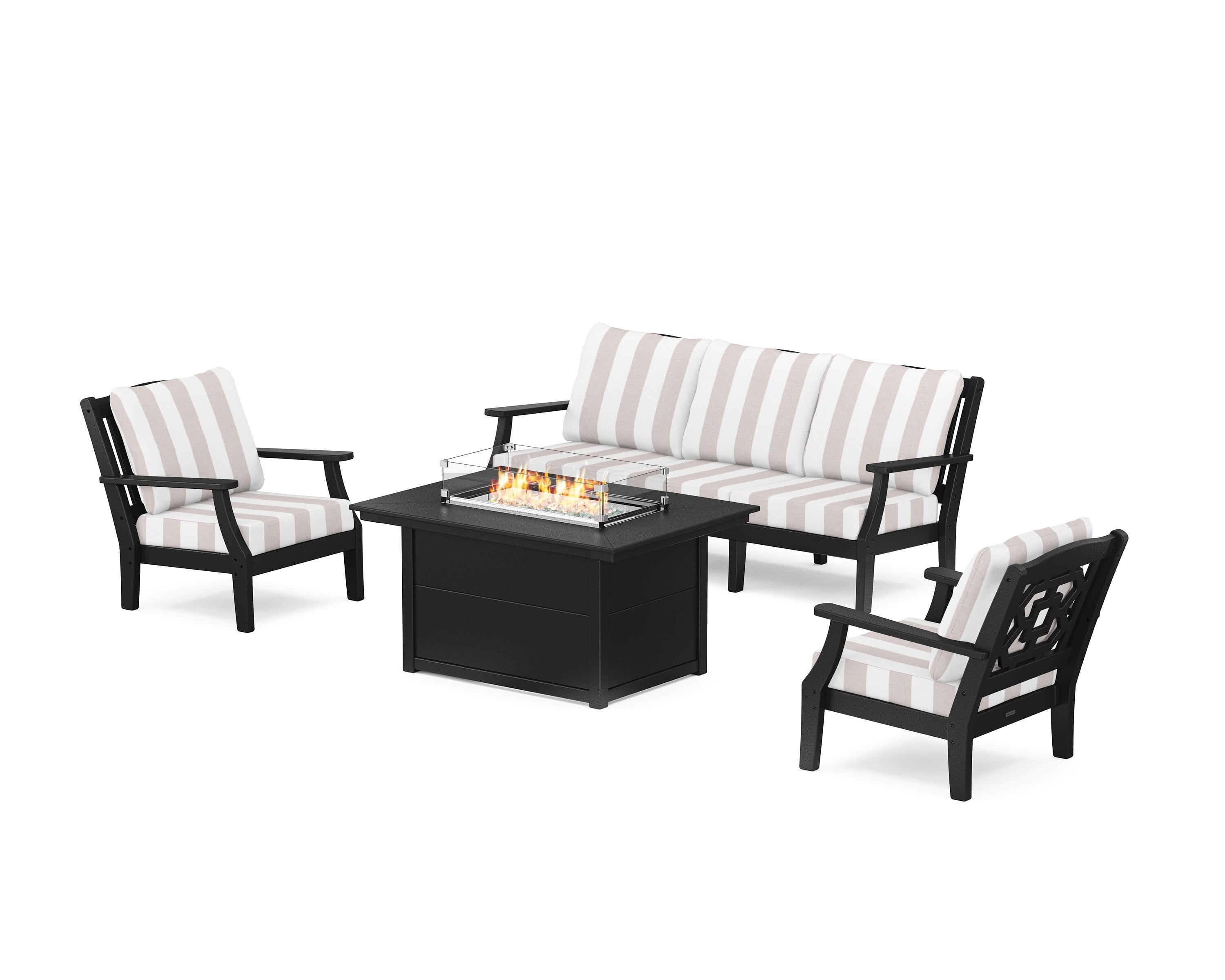 Martha Stewart by POLYWOOD® Chinoiserie Deep Seating Fire Pit Table Set in Black / Cabana Stripe Dune Burlap