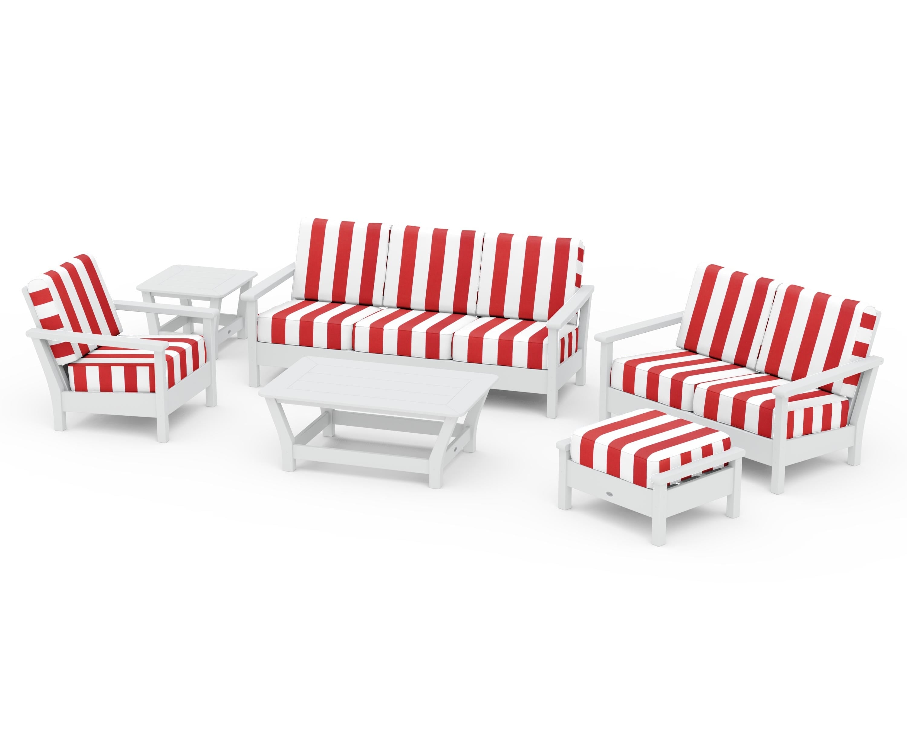 POLYWOOD® Harbour 6-Piece Outdoor Living Set in White / Cabana Stripe Crimson