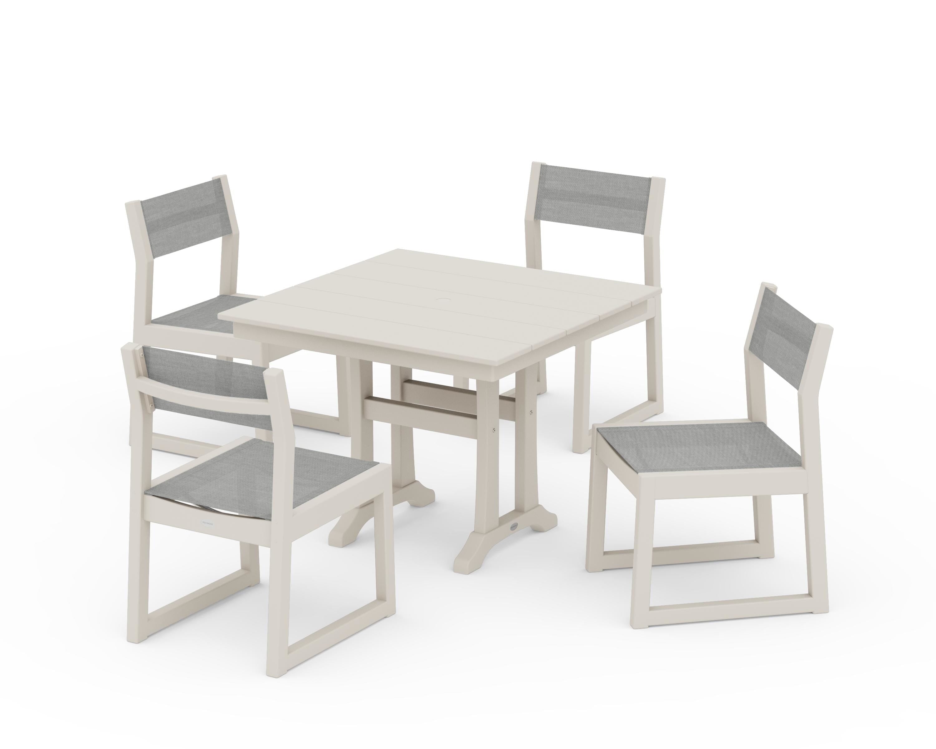 POLYWOOD® EDGE Sling 5-Piece Farmhouse Trestle Side Chair Dining Set in Sand / Metallic Sling