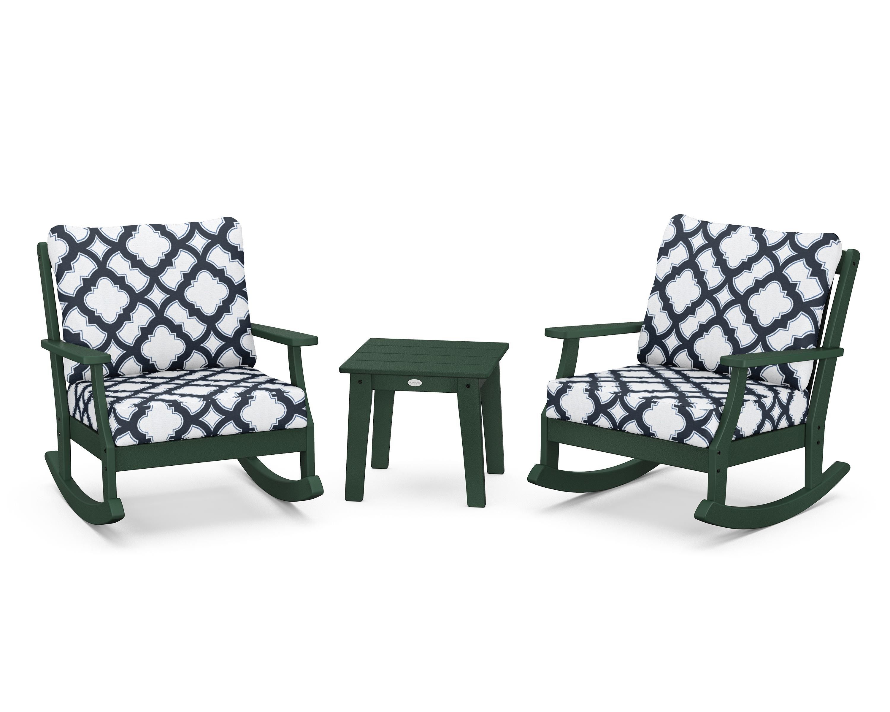 POLYWOOD® Braxton 3-Piece Deep Seating Rocker Set in Green / Trellis Marine Indigo