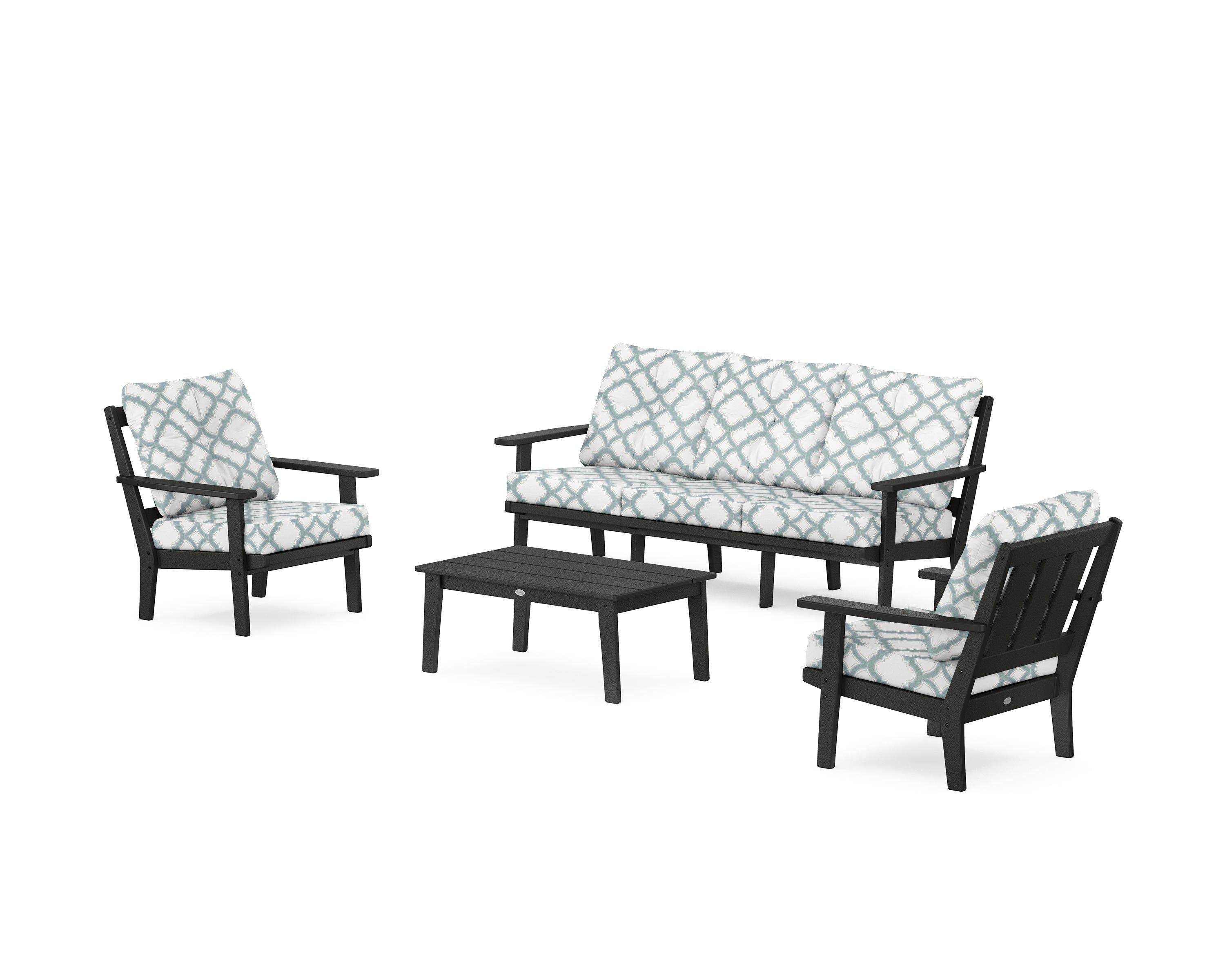 POLYWOOD® Oxford 4-Piece Deep Seating Set with Sofa in Black / Trellis Glacier Spa