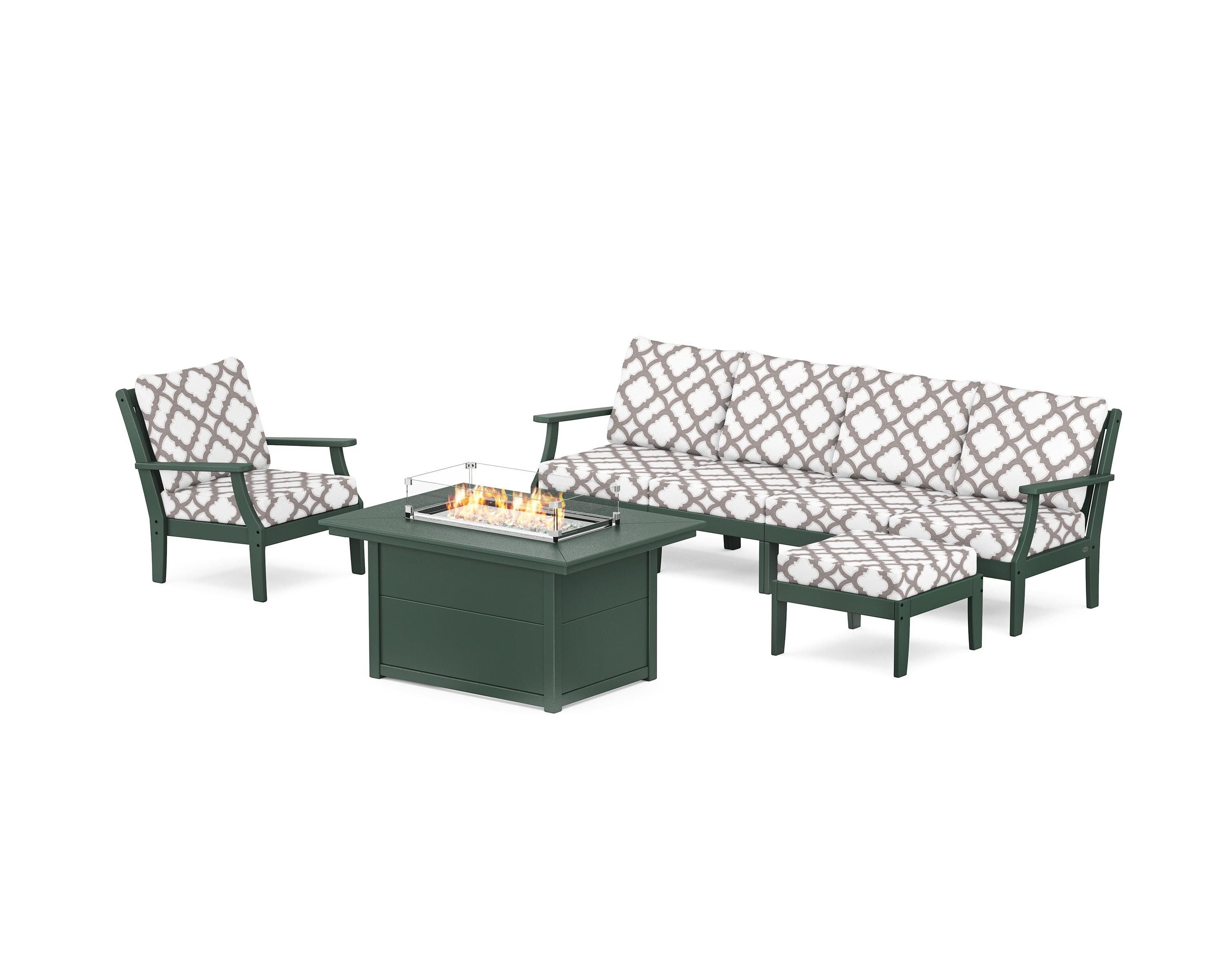 POLYWOOD® Braxton Sectional Lounge and Fire Pit Set in Green / Trellis Grey Mist