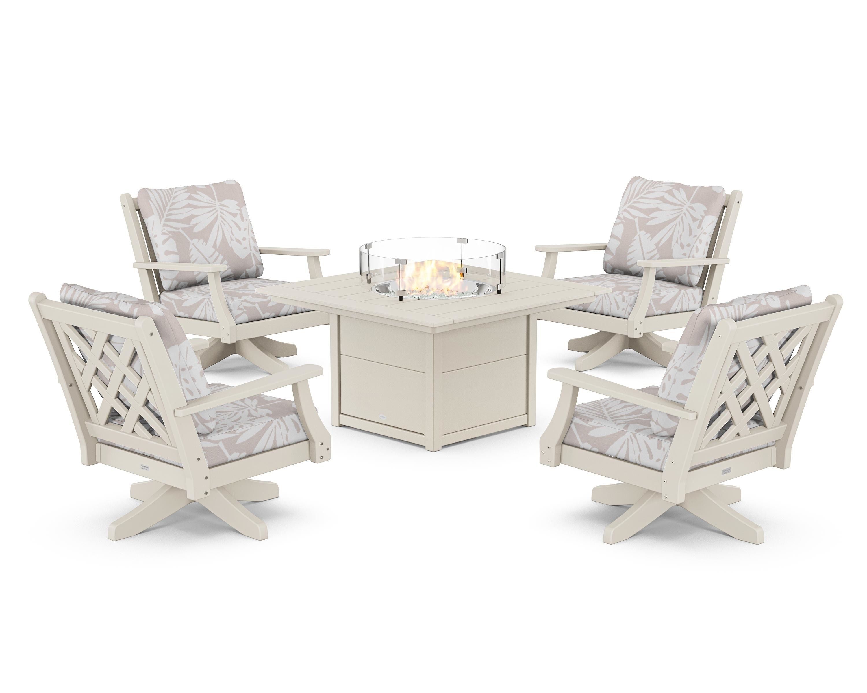 Country Living Wovendale 5-Piece Deep Seating Swivel Conversation Set with Fire Pit Table in Sand / Leaf Dune Burlap