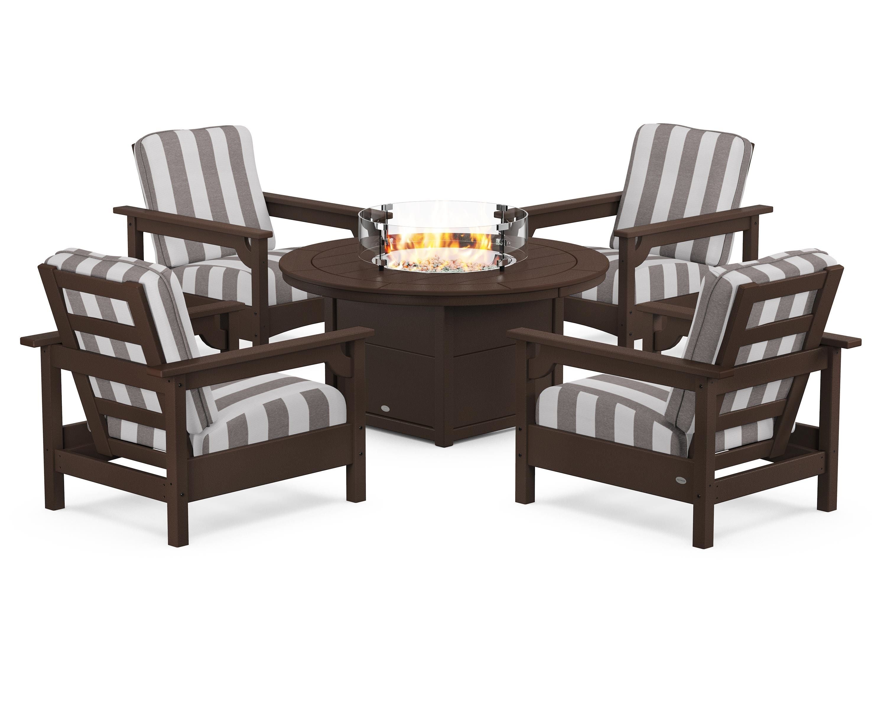 POLYWOOD® Club 5-Piece Conversation Set with Fire Pit Table in Mahogany / Cabana Stripe Grey Mist
