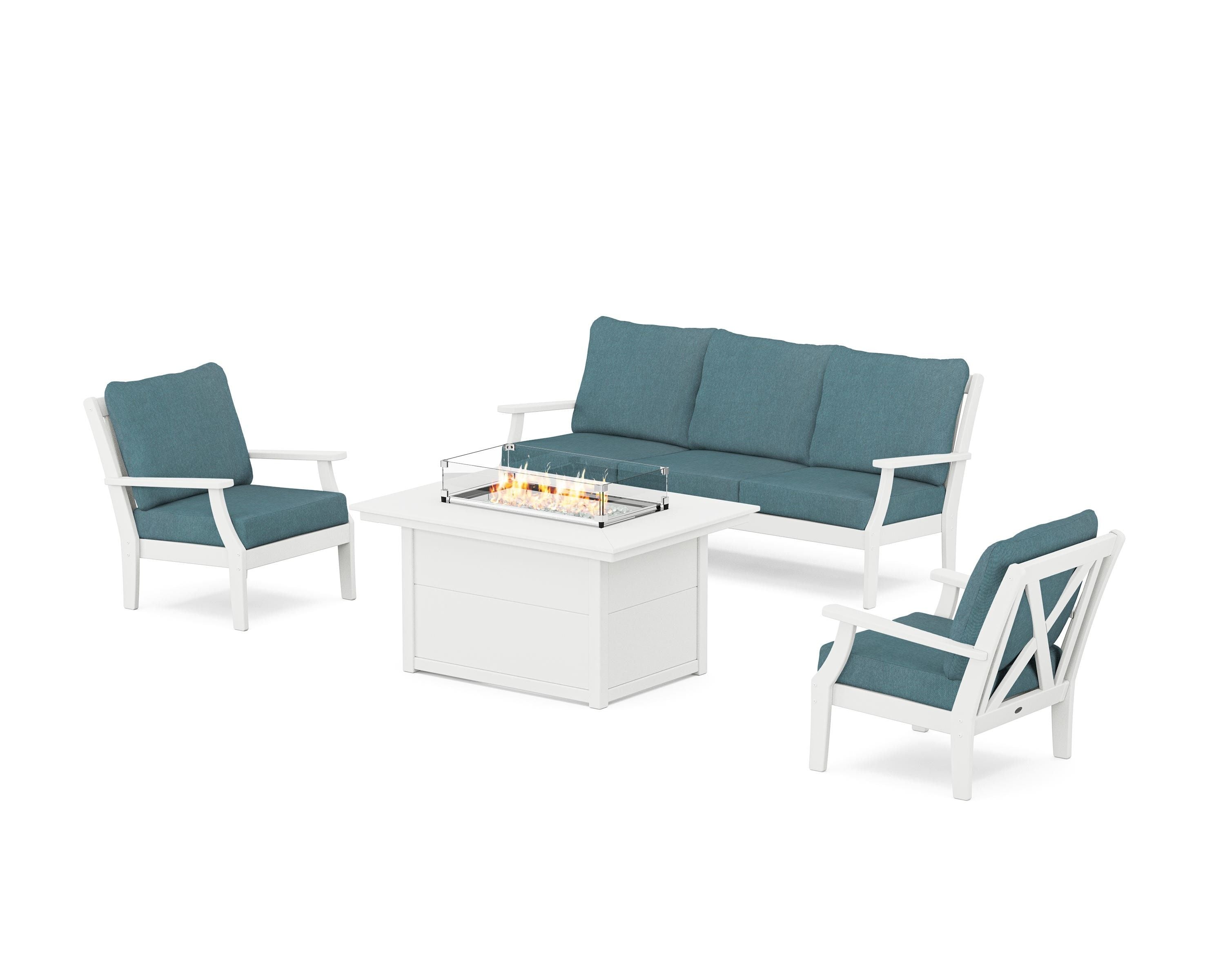 POLYWOOD® Braxton Deep Seating Fire Pit Table Set in White / Ocean Teal