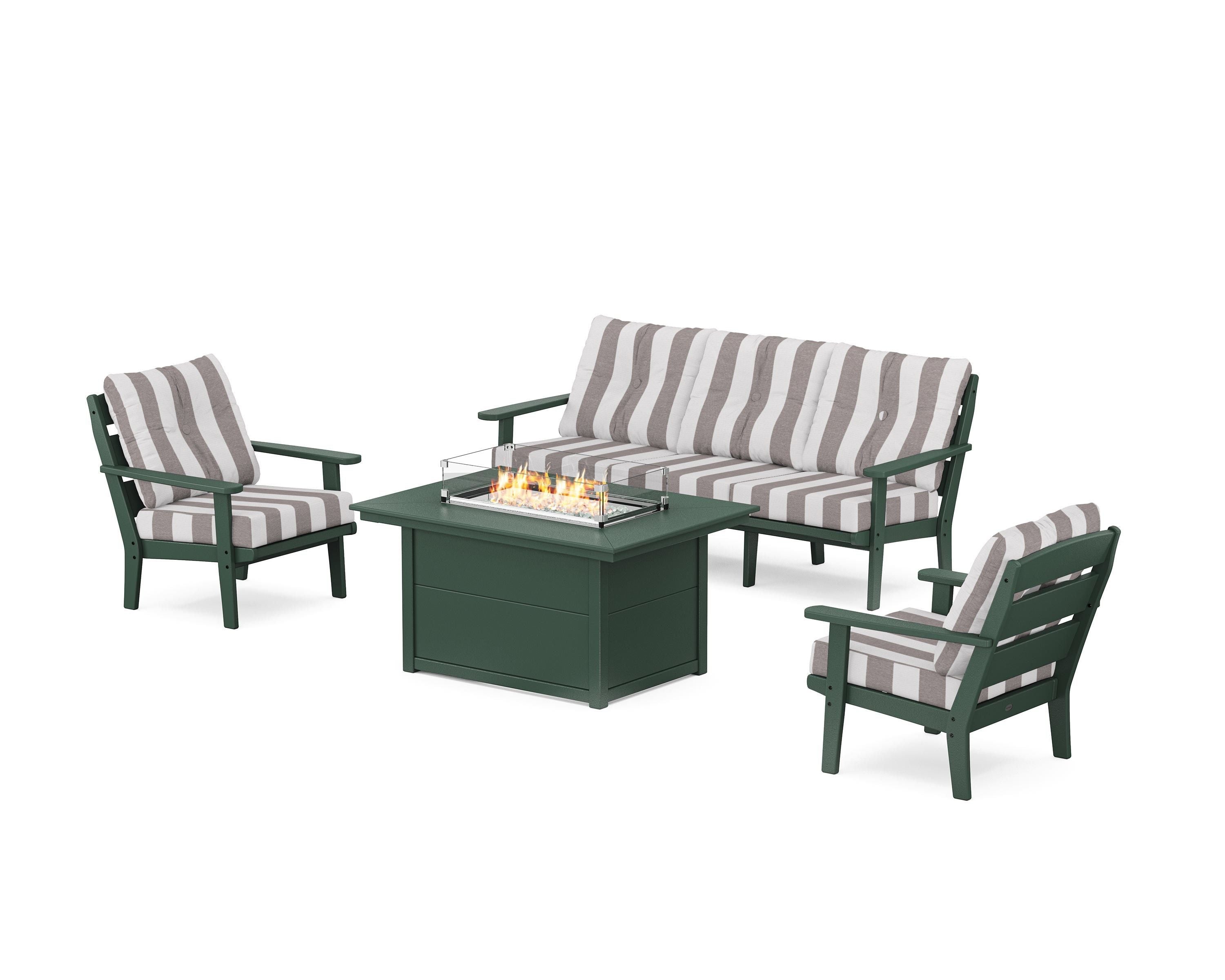 POLYWOOD® Lakeside Deep Seating Fire Pit Table Set in Green / Cabana Stripe Grey Mist