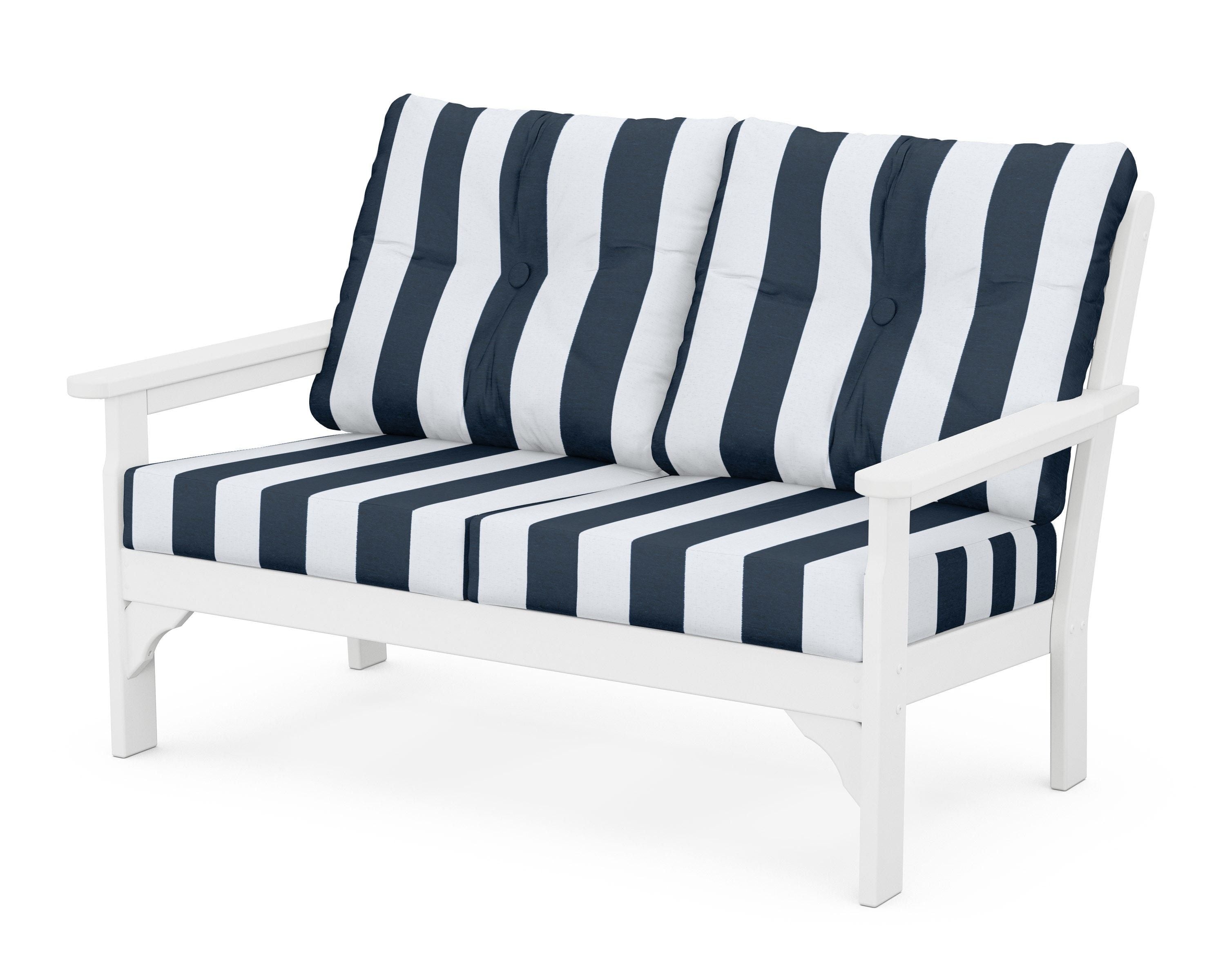 POLYWOOD® Vineyard Deep Seating Loveseat in White / Cabana Stripe Marine Indigo