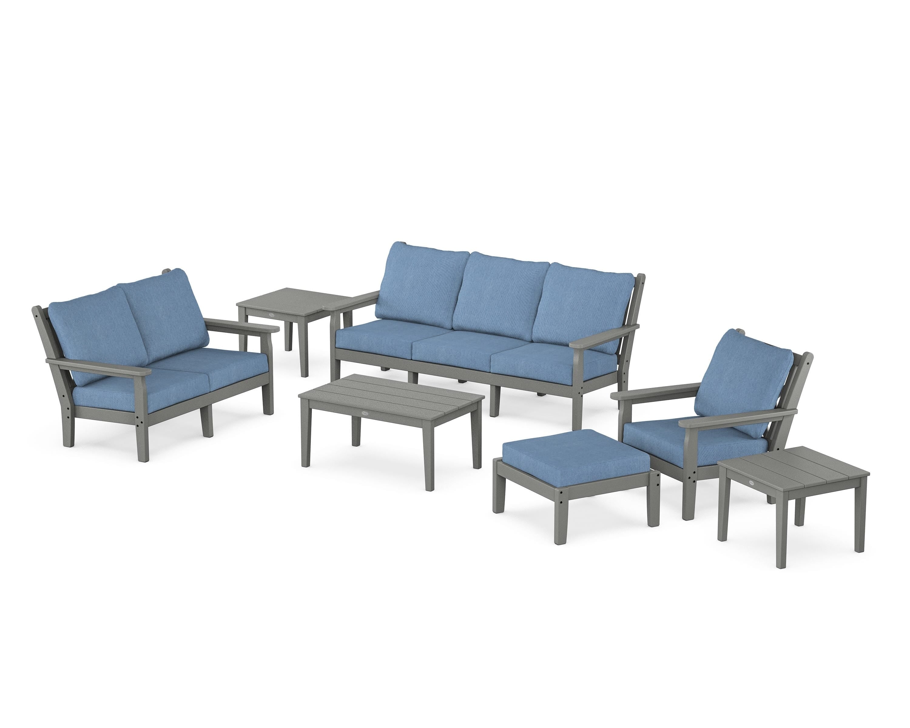 POLYWOOD® Chippendale 7-Piece Deep Seating Set in Slate Grey / Sky Blue