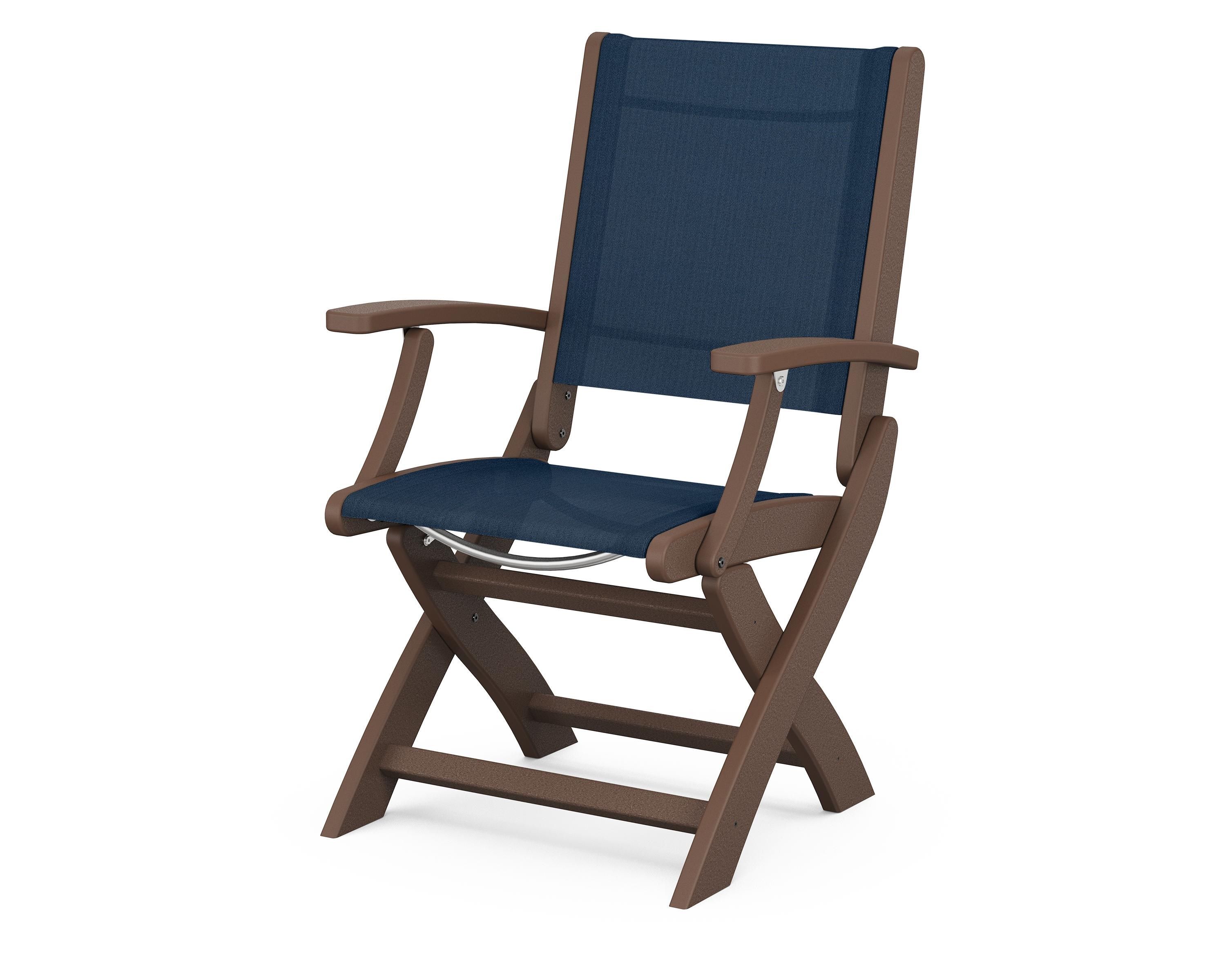 POLYWOOD® Coastal Folding Chair in Mahogany / Navy Blue Sling