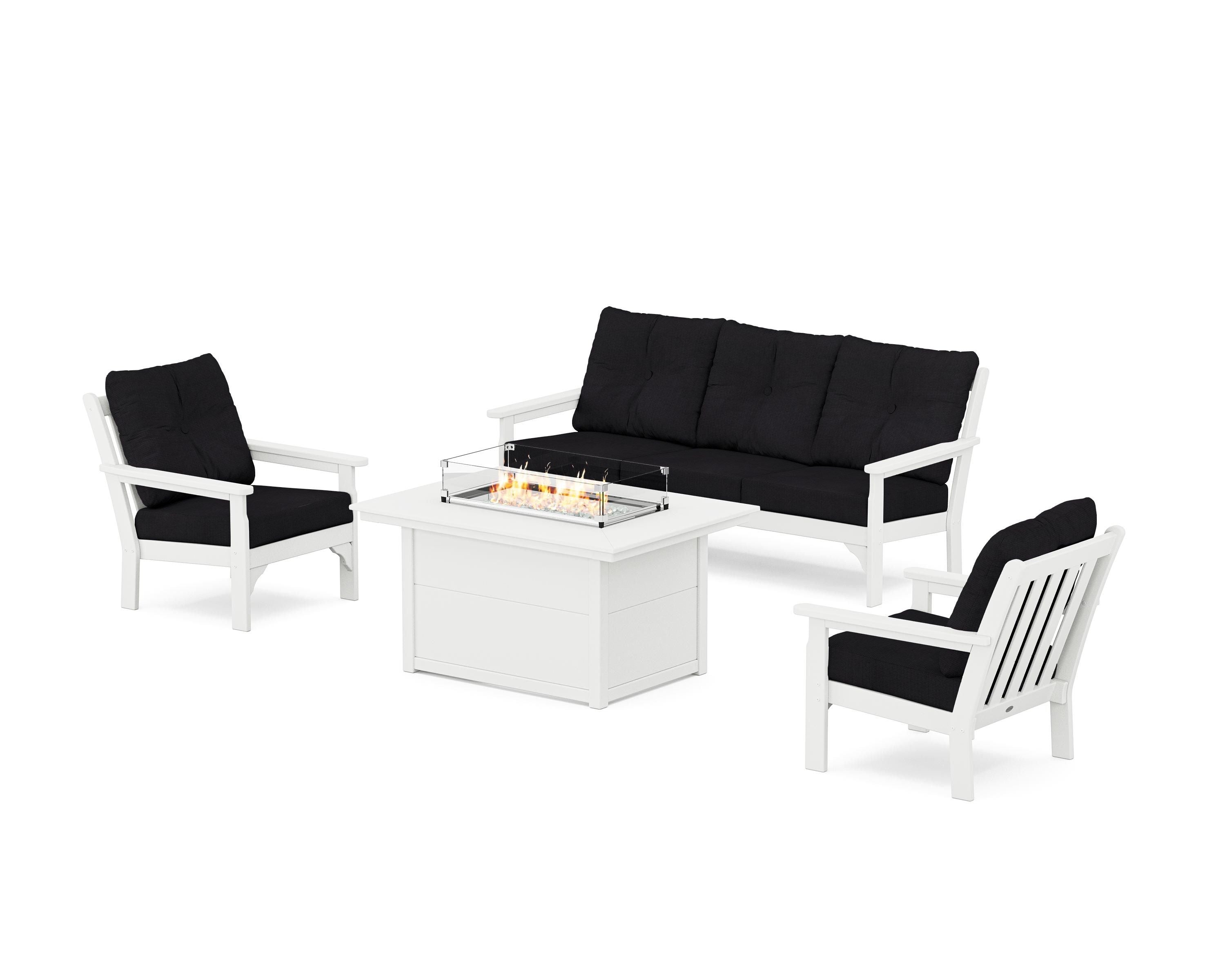 POLYWOOD® Vineyard Deep Seating Fire Pit Table Set in White / Midnight Linen