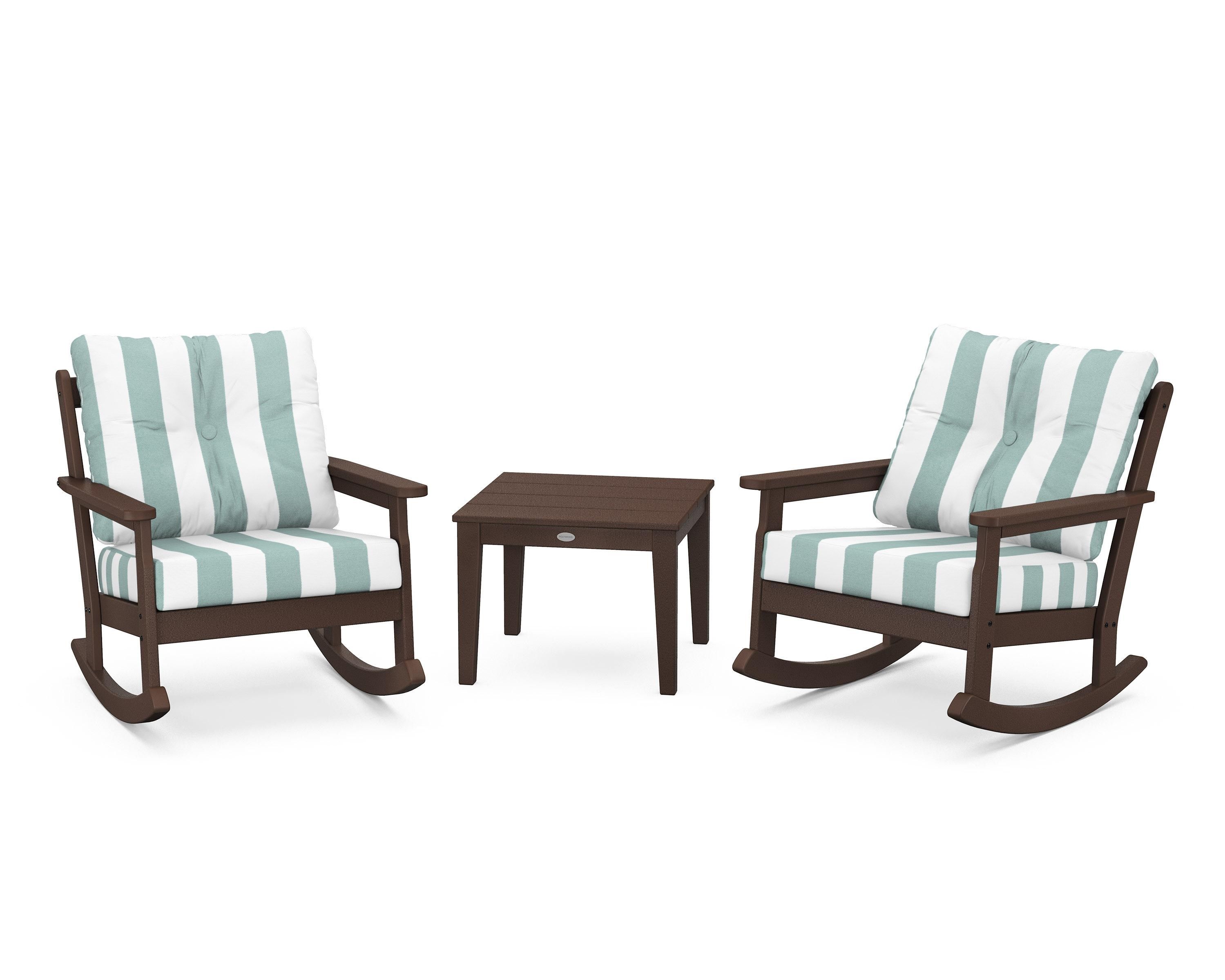 POLYWOOD® Vineyard 3-Piece Deep Seating Rocker Set in Mahogany / Cabana Stripe Glacier Spa