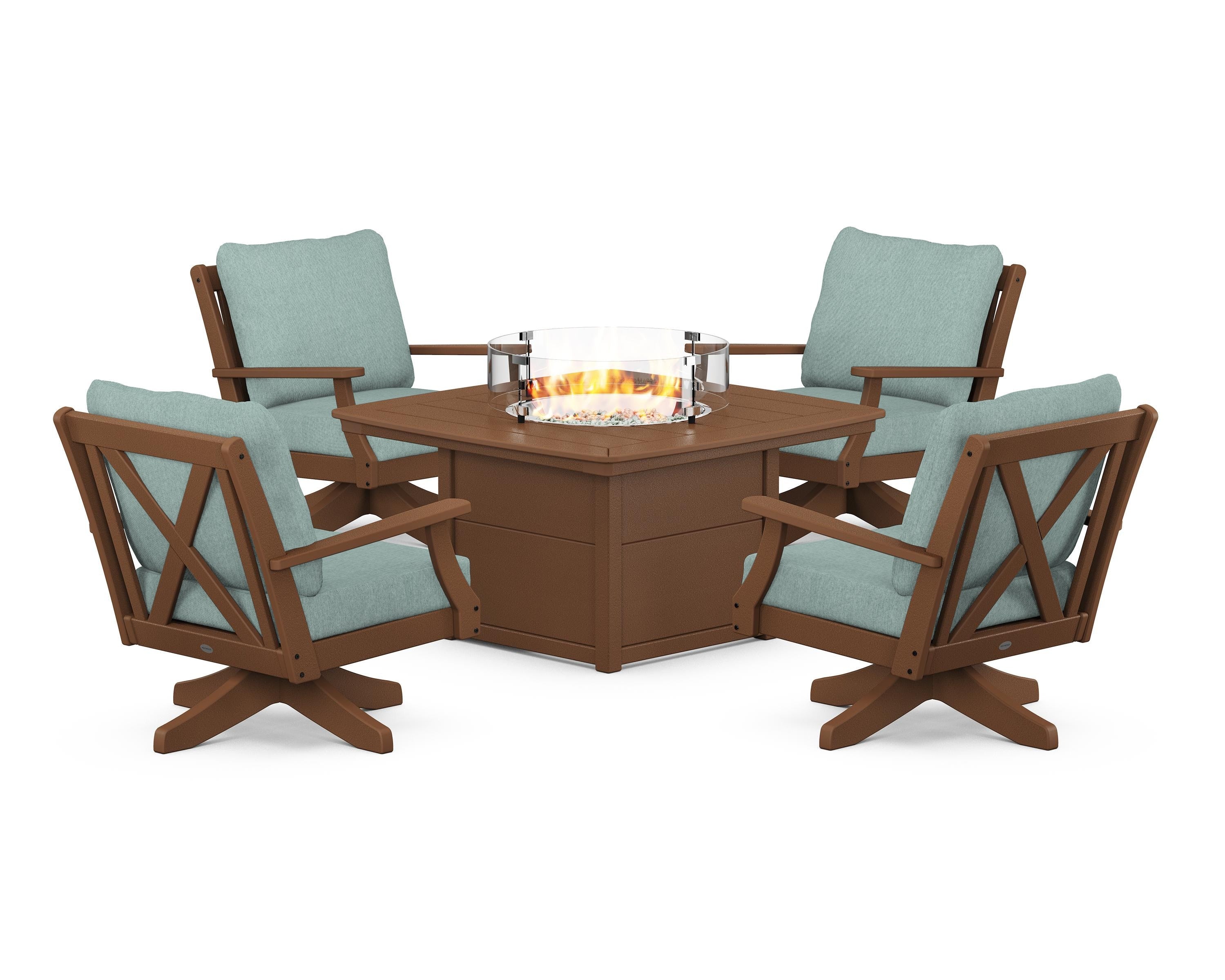 POLYWOOD® Braxton 5-Piece Deep Seating Swivel Conversation Set with Fire Pit Table in Teak / Glacier Spa