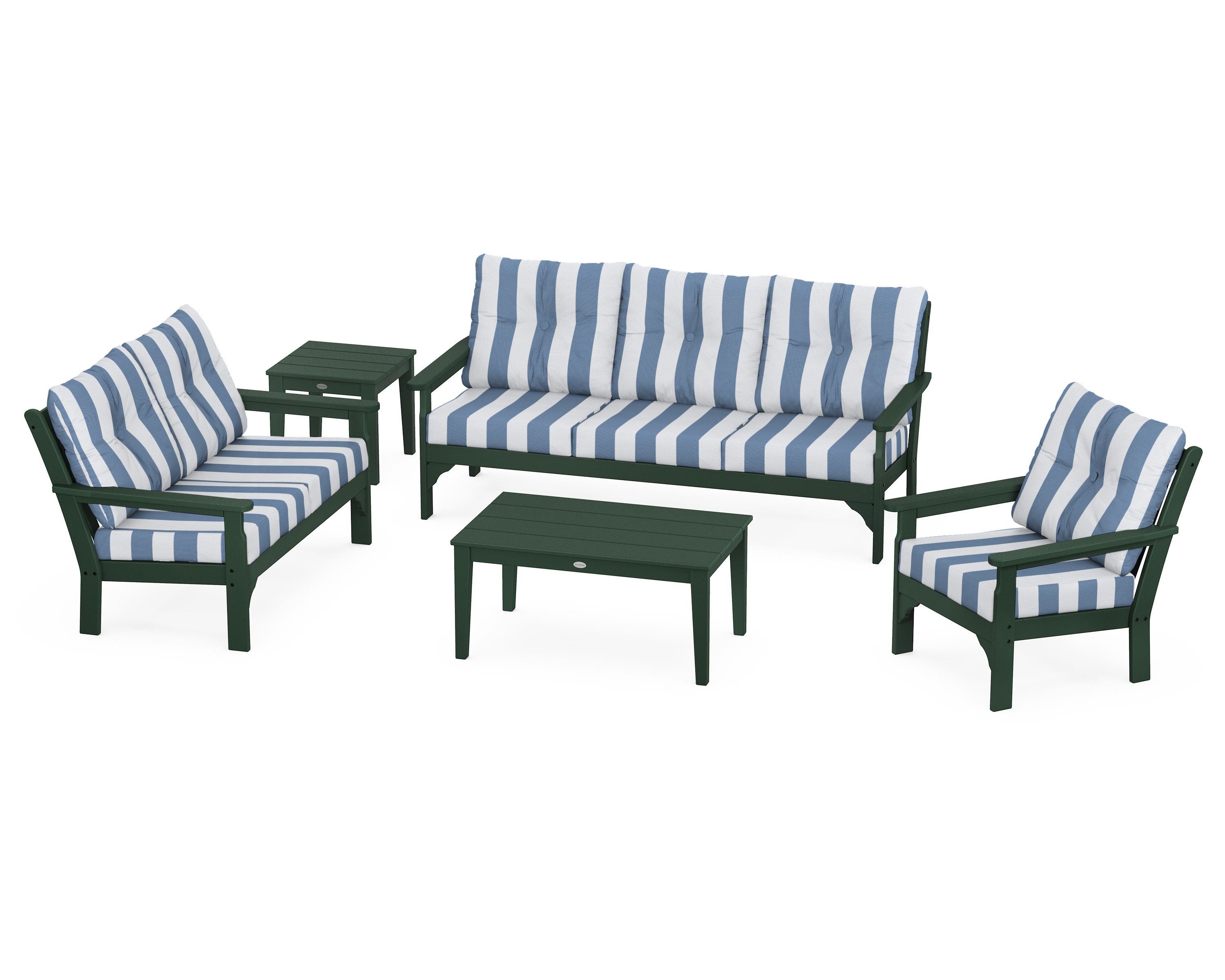 POLYWOOD® Vineyard 5 Piece Deep Seating Set in Green / Cabana Stripe Sky Blue