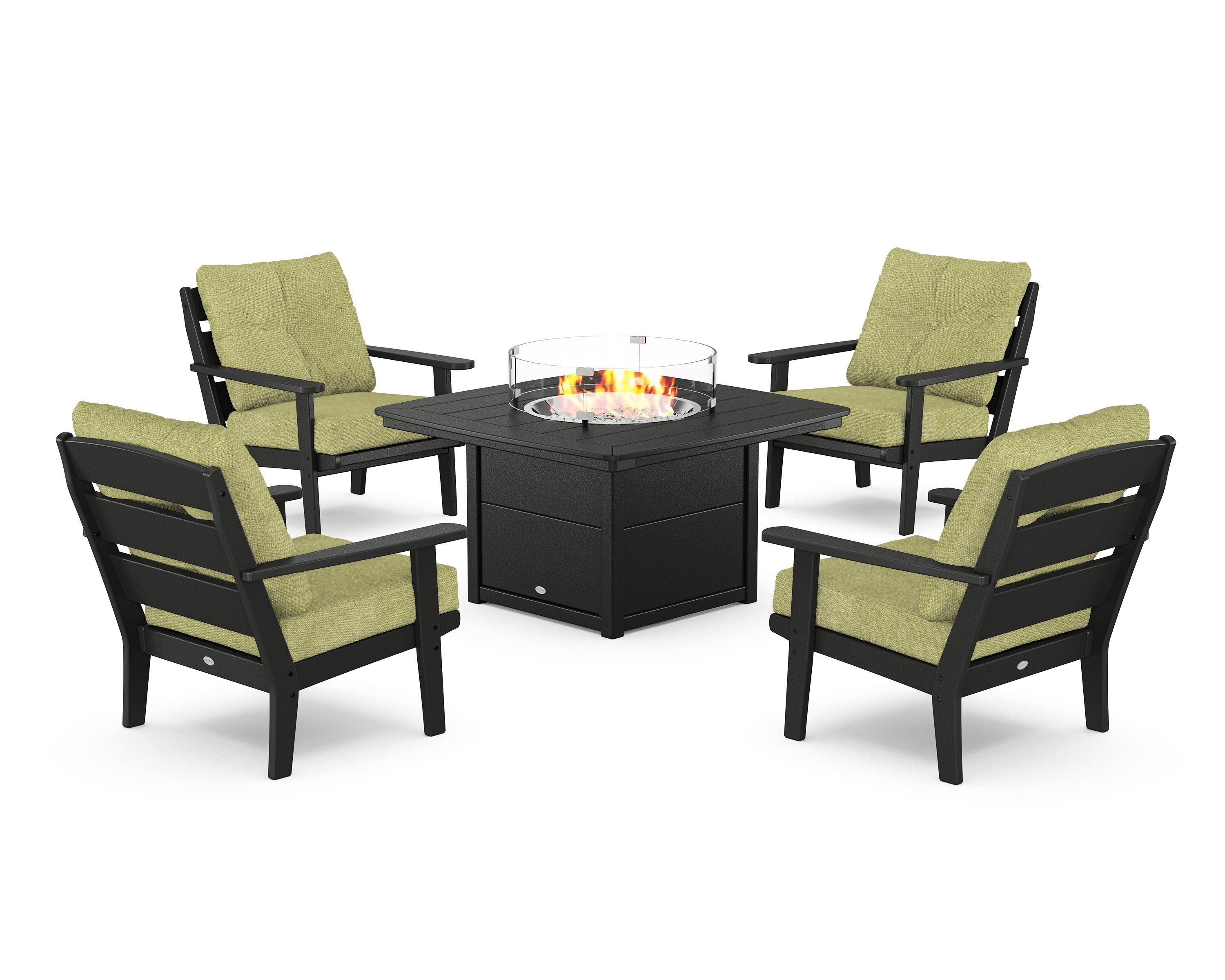 POLYWOOD® Lakeside 5-Piece Deep Seating Set with Nautical Fire Pit Table in Black / Chartreuse Boucle