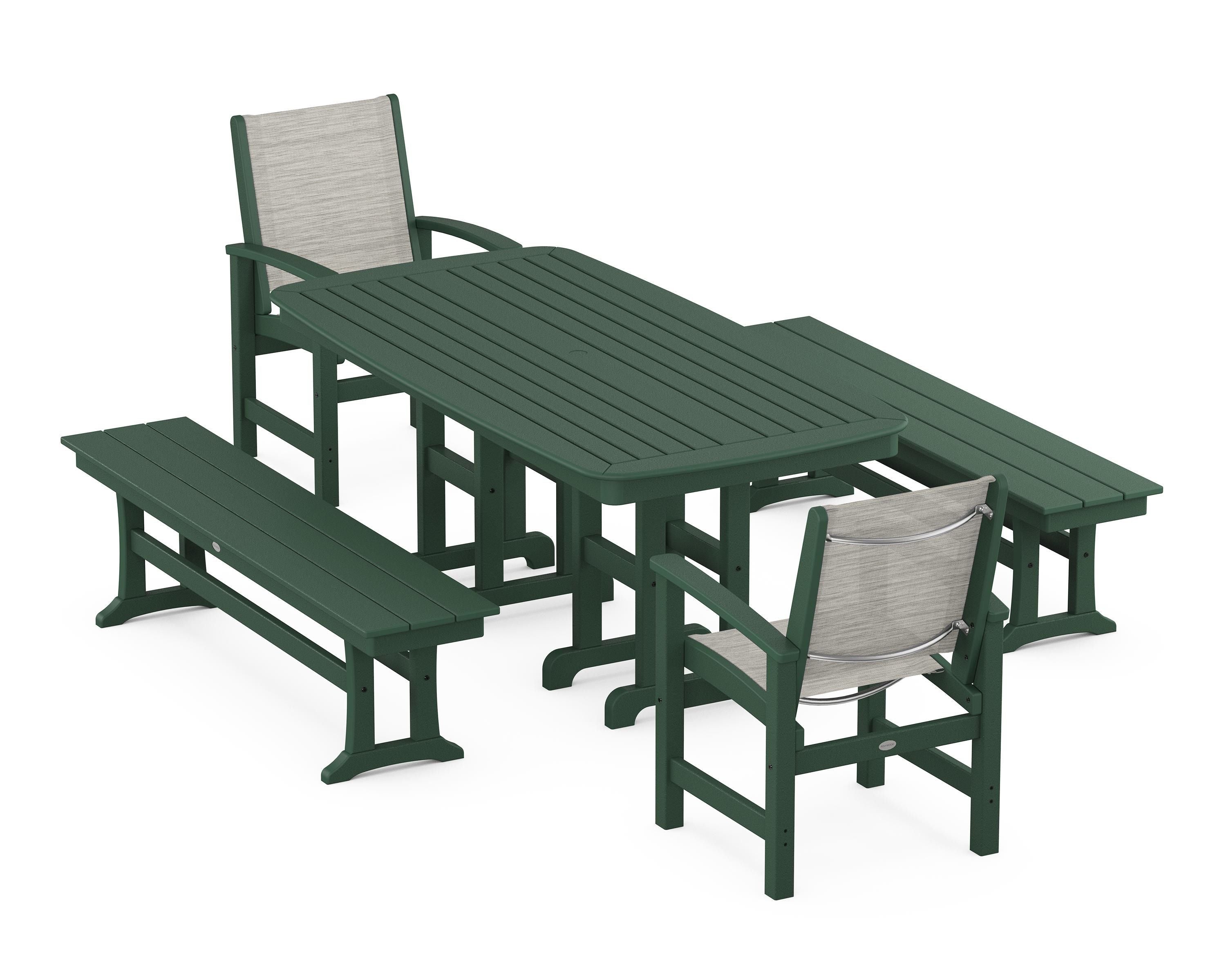 POLYWOOD® Coastal 5-Piece Dining Set in Green / Birch Sling