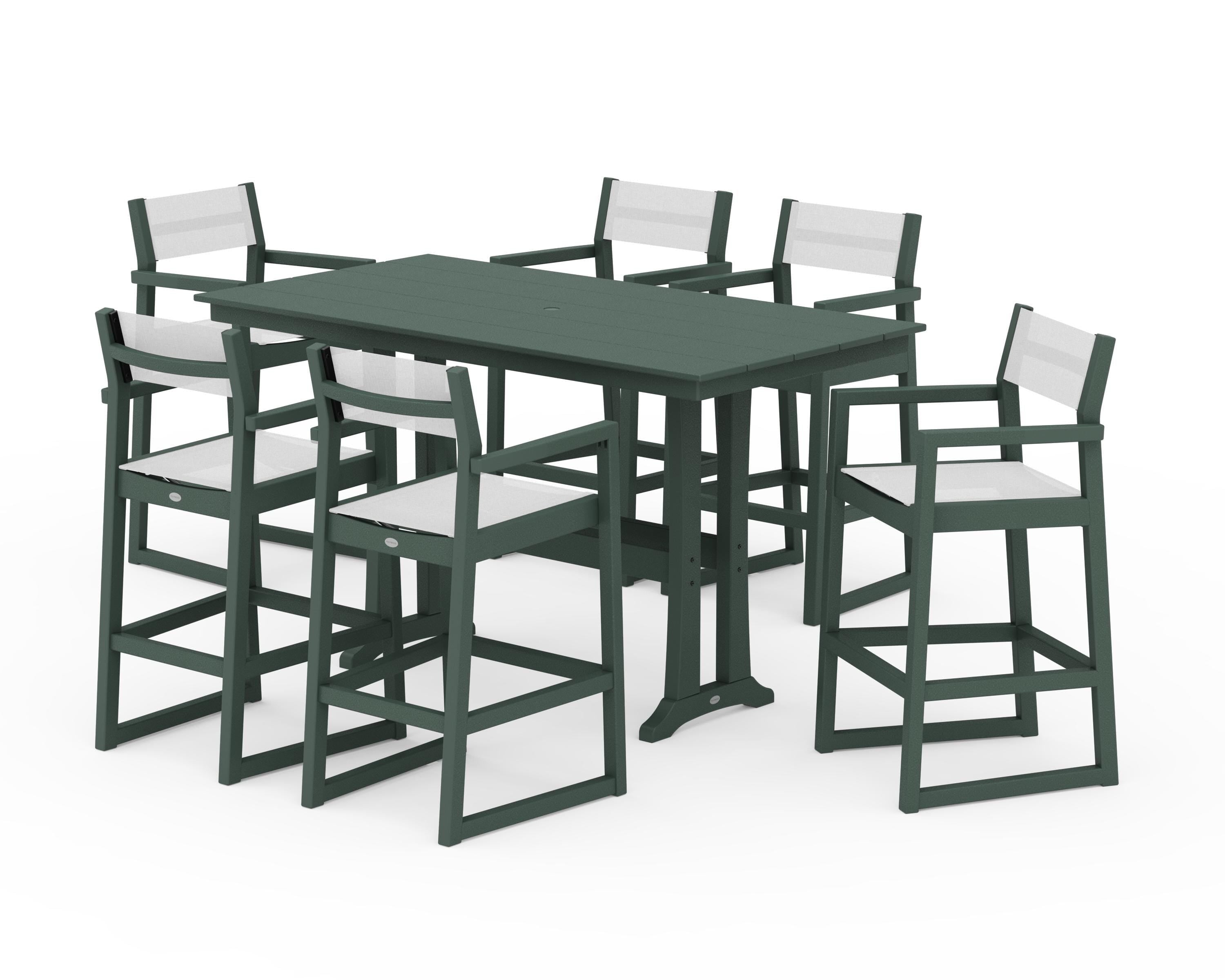 POLYWOOD® EDGE Sling Arm Chair 7-Piece Farmhouse Bar Set with Trestle Legs in Green / White Sling