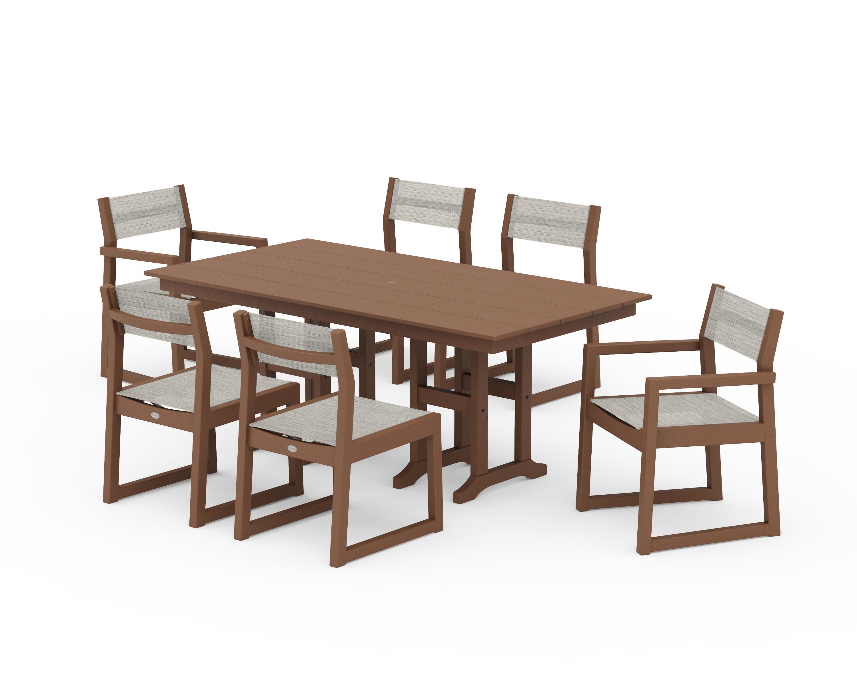 POLYWOOD® EDGE Sling 7-Piece Farmhouse Dining Set in Teak / Birch Sling