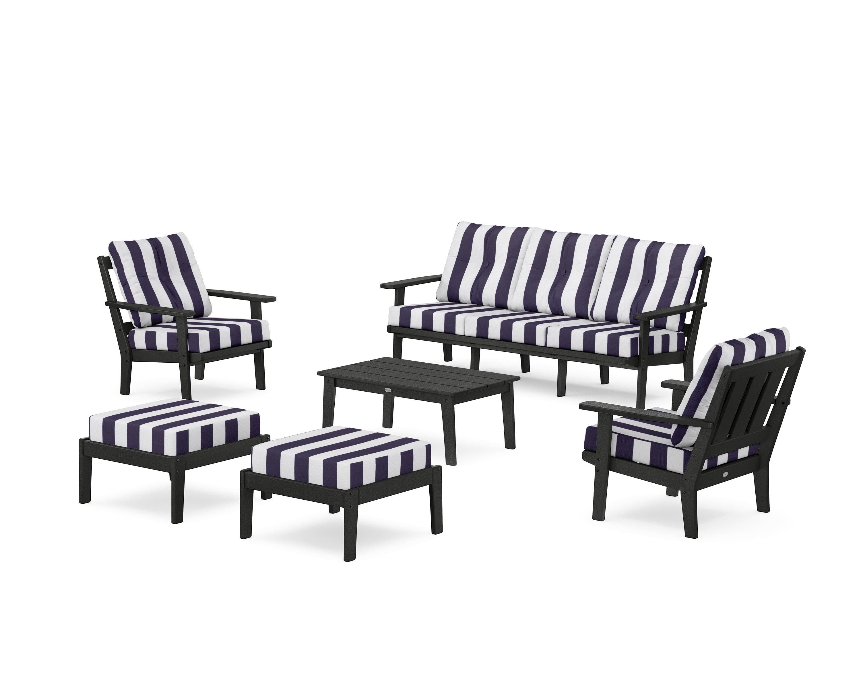 POLYWOOD® Oxford 6-Piece Lounge Sofa Set in Black / Cabana Stripe Navy