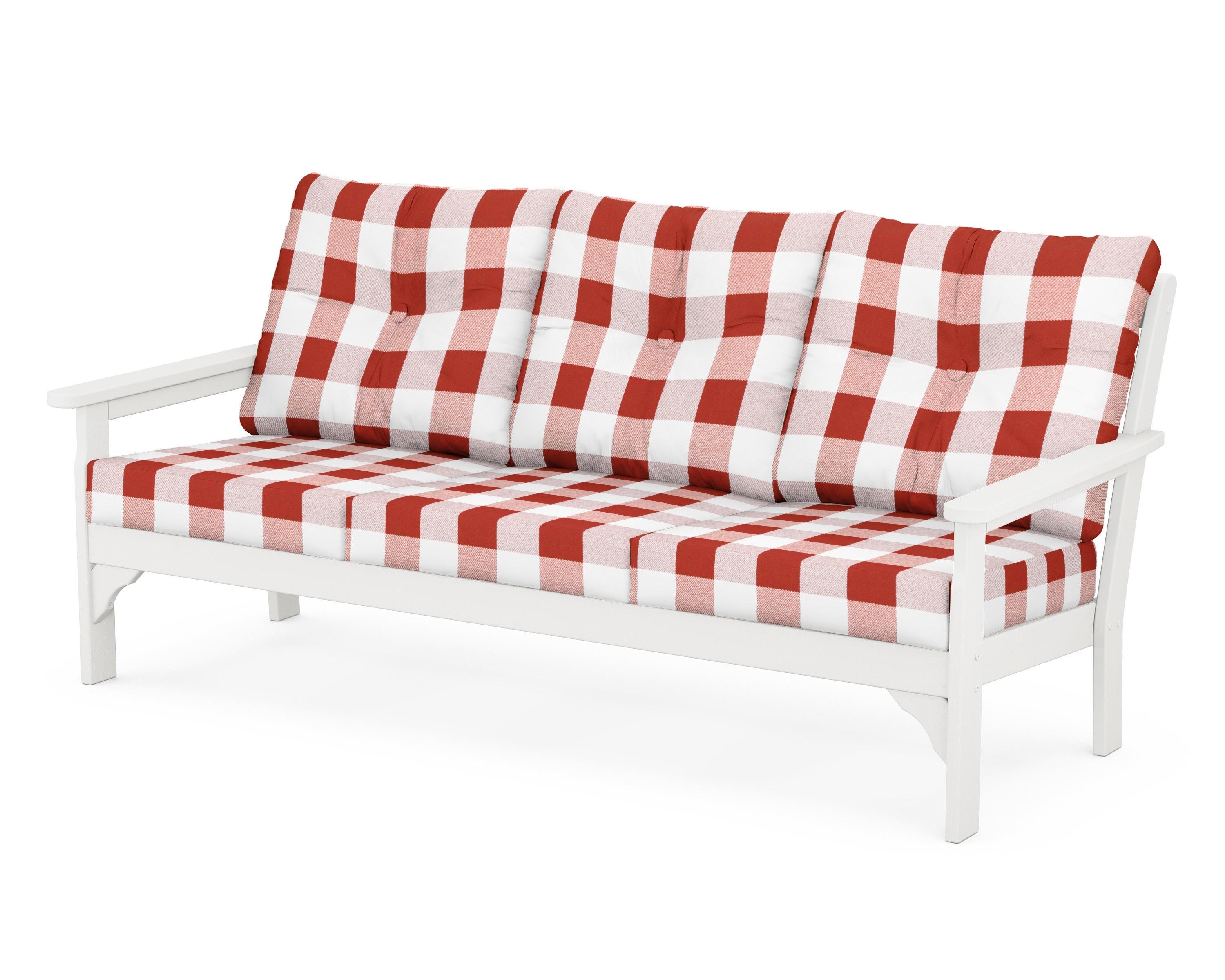 POLYWOOD® Vineyard Deep Seating Sofa in Vintage White / Buffalo Plaid Crimson