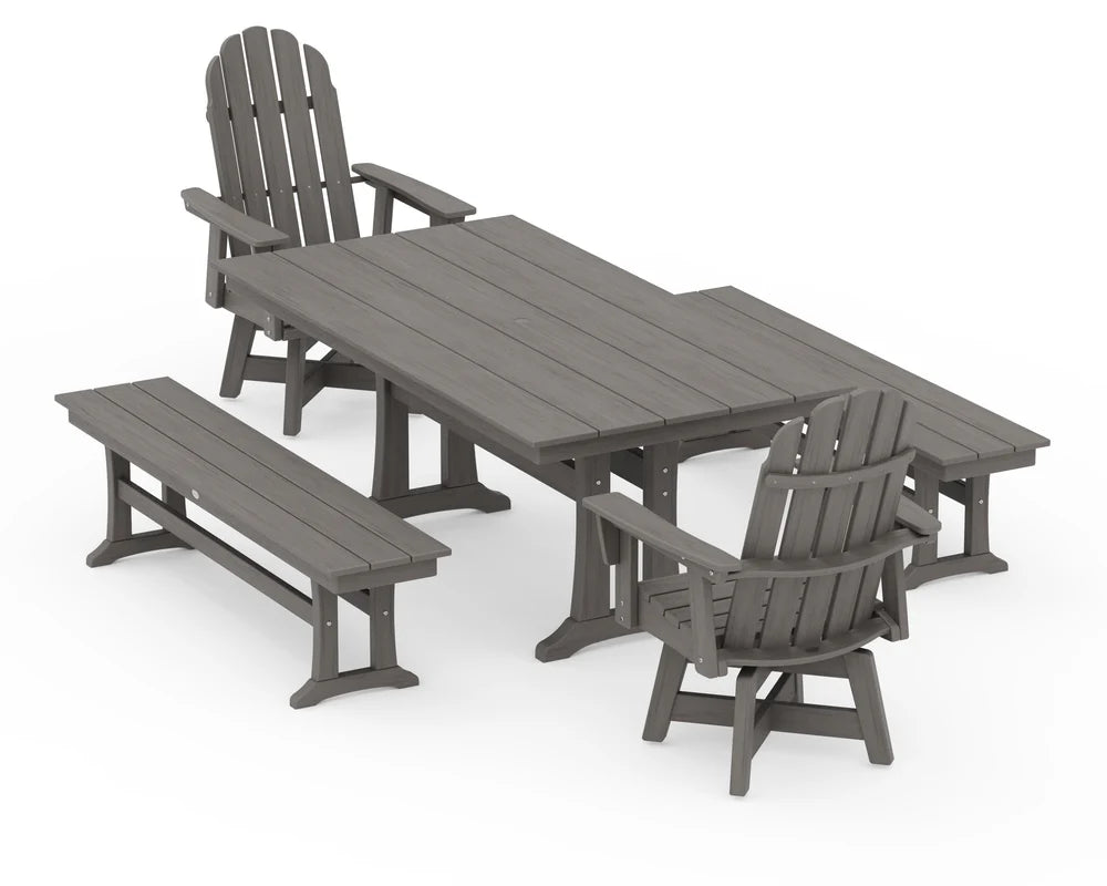 Vineyard Curveback Adirondack Swivel Chair 5-Piece Farmhouse Dining Set With Trestle Legs and Benches