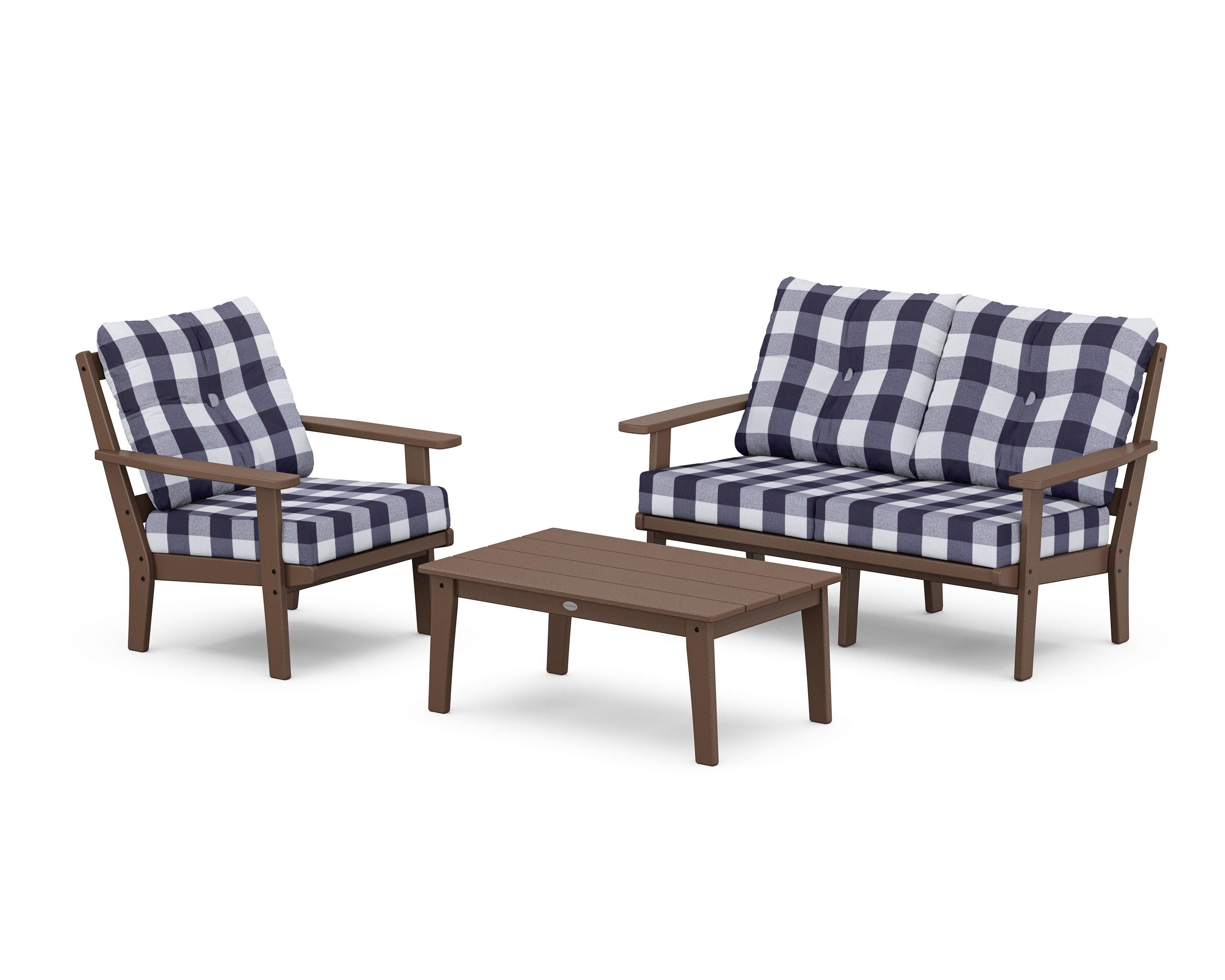 POLYWOOD® Prairie 3-Piece Deep Seating Set with Loveseat in Mahogany / Buffalo Plaid Navy
