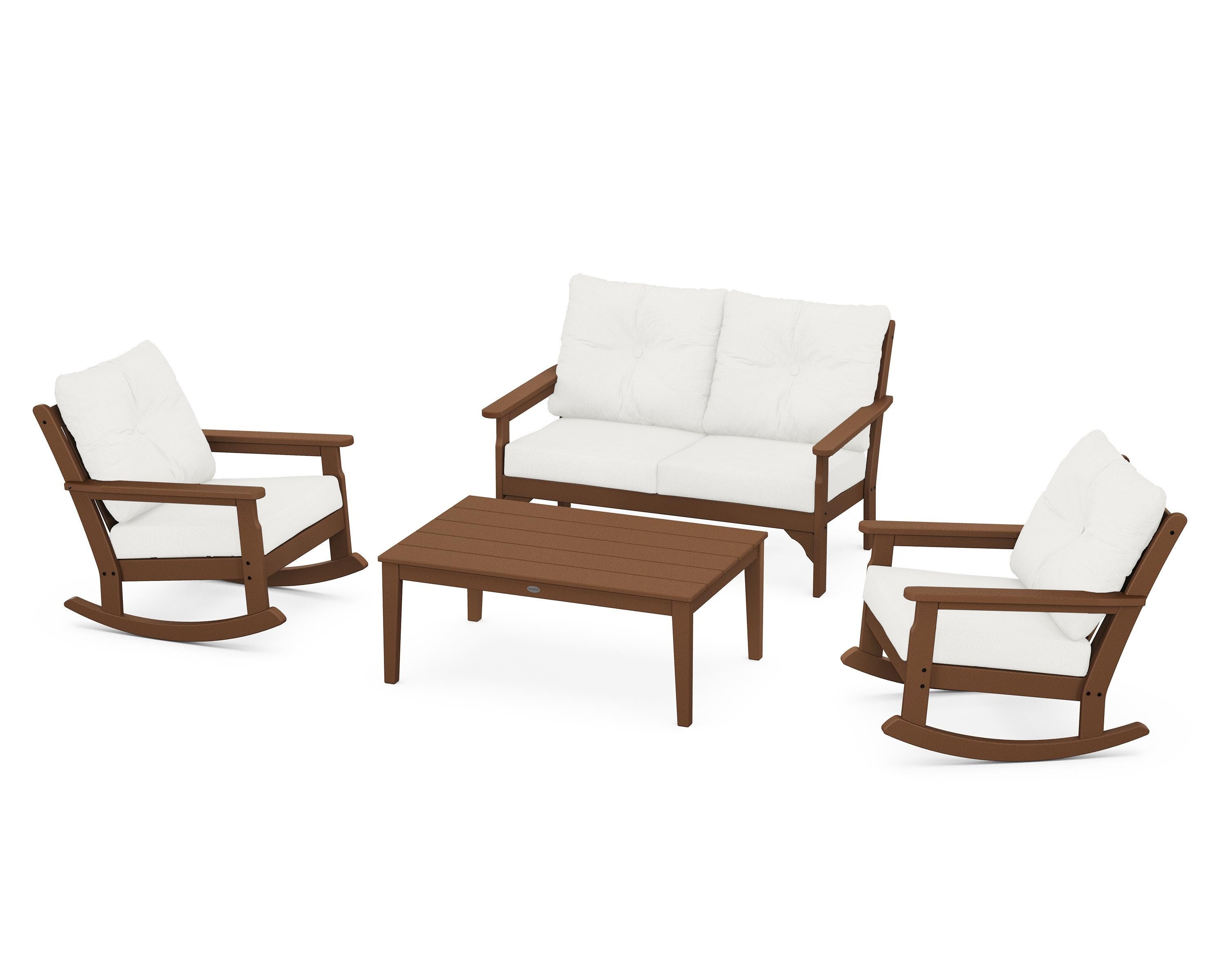 POLYWOOD® Vineyard 4-Piece Deep Seating Rocking Chair Set in Teak / Natural Linen