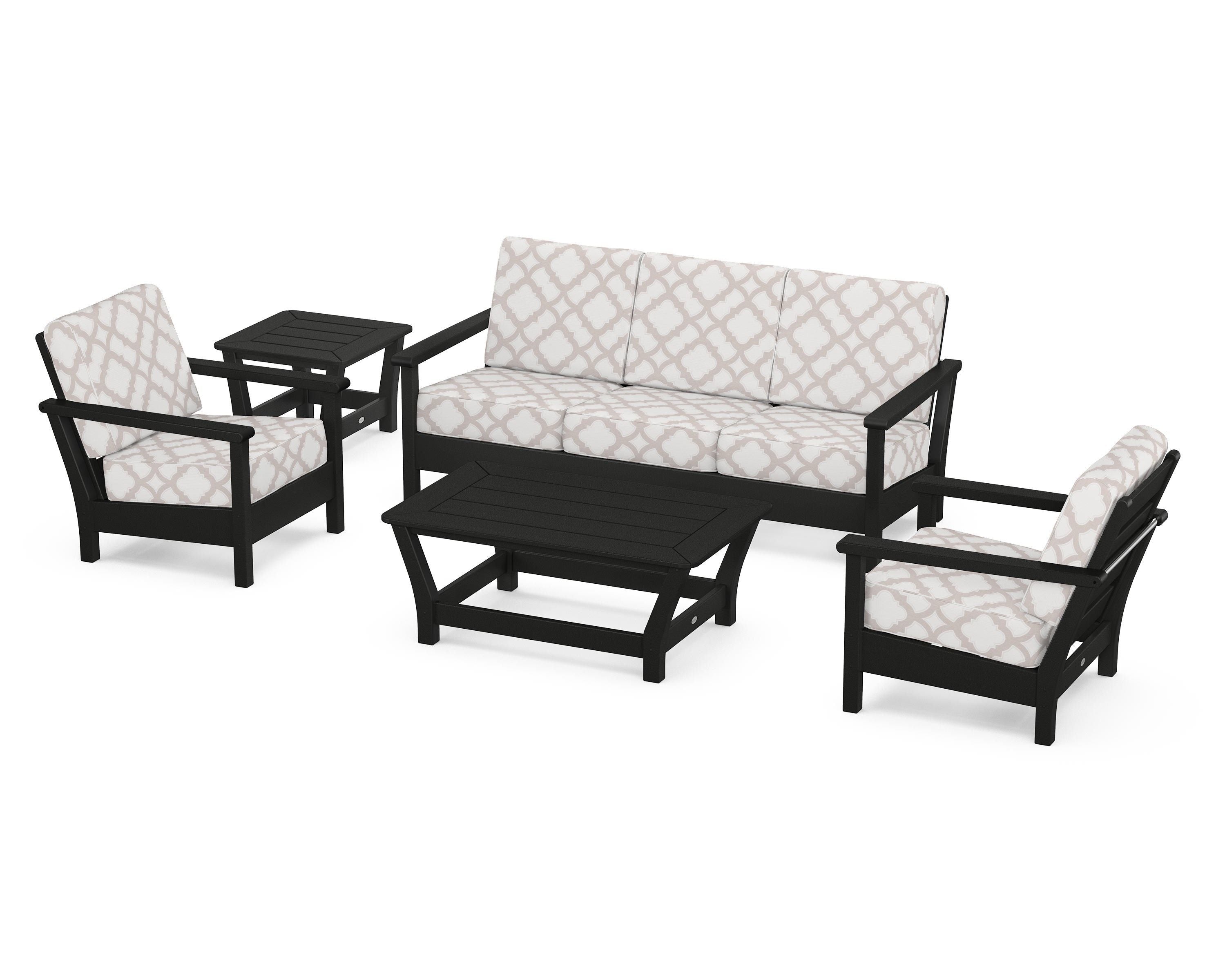 POLYWOOD® Harbour 5-Piece Deep Seating Set in Black / Trellis Dune Burlap