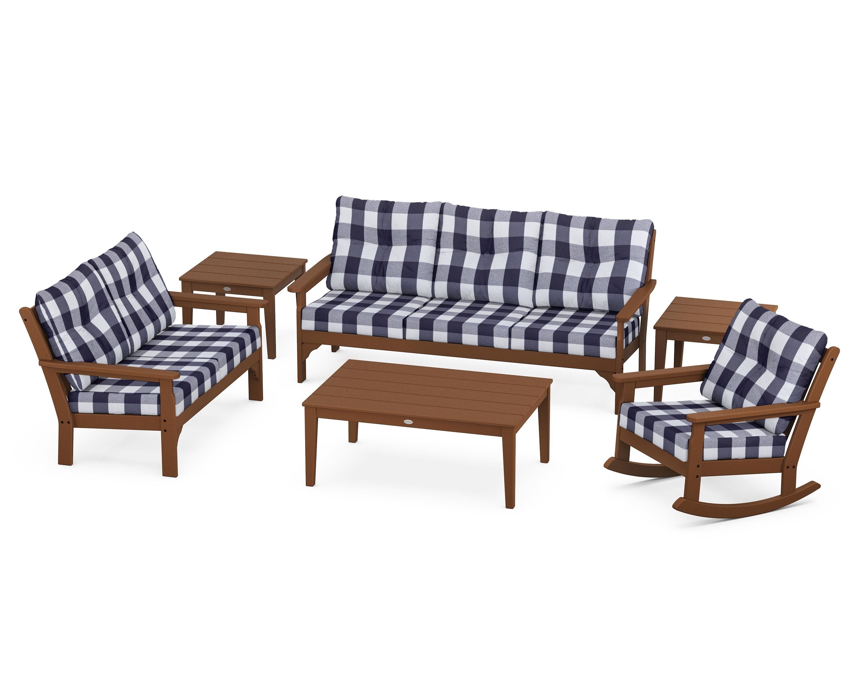 POLYWOOD® Vineyard 6-Piece Deep Seating Set in Teak / Buffalo Plaid Navy