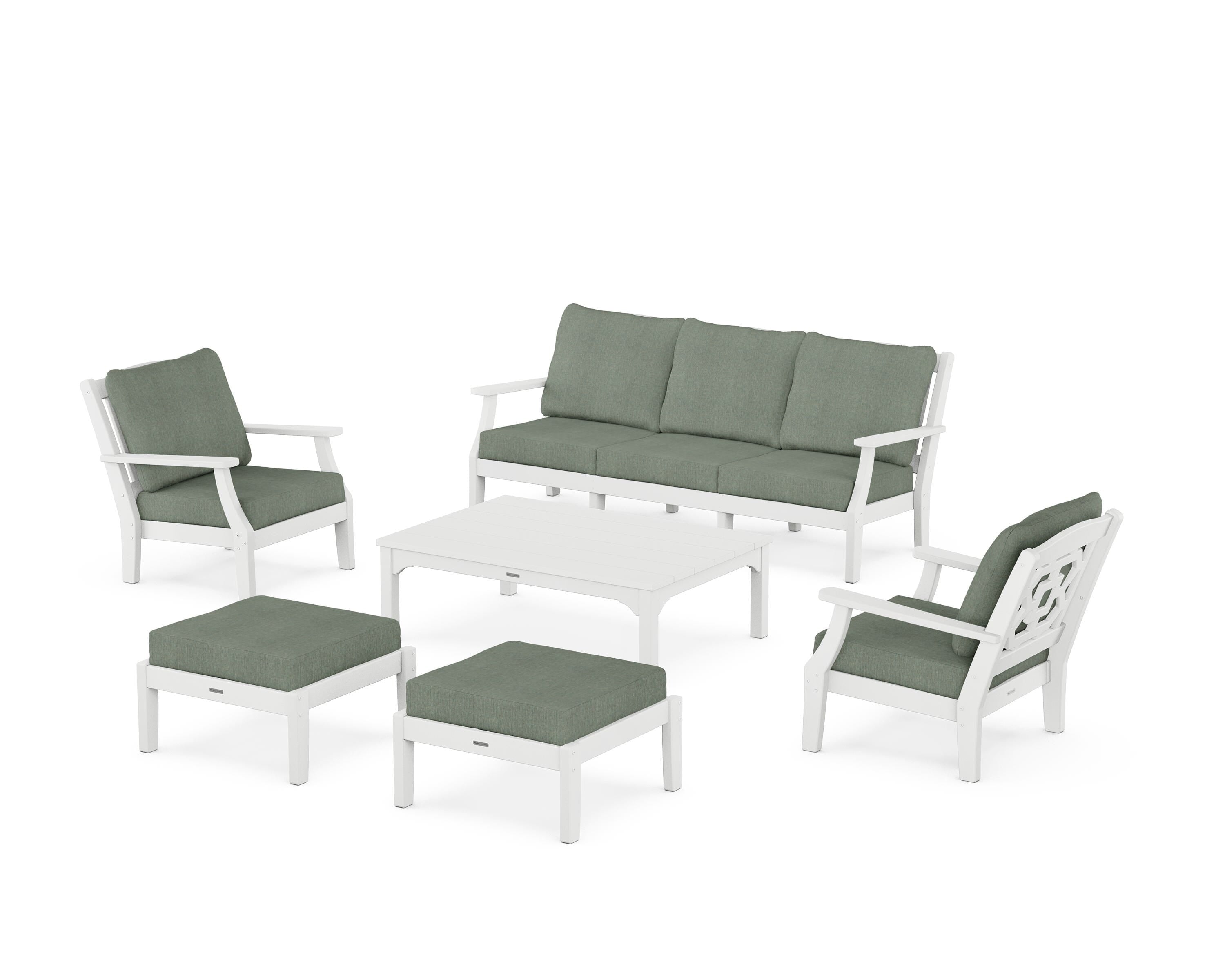 Martha Stewart by POLYWOOD® Chinoiserie 6-Piece Lounge Sofa Set in White / Cast Sage