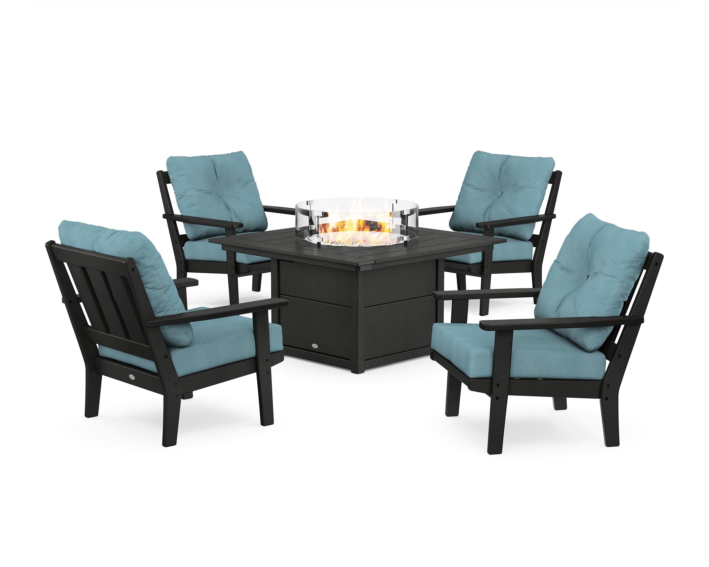 POLYWOOD® Oxford 5-Piece Deep Seating Set with Fire Pit Table in Black / Lattice Sky Blue