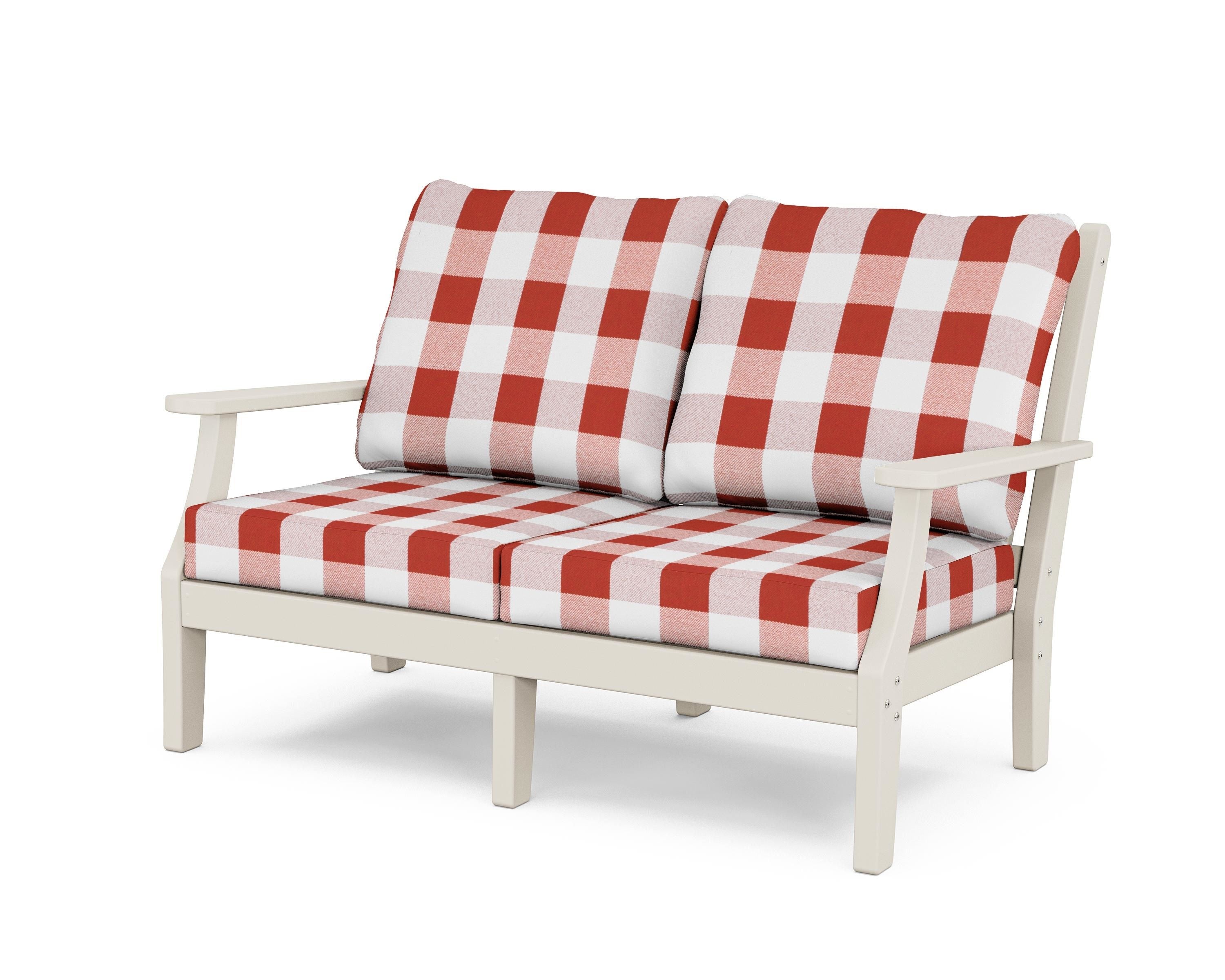 Country Living Wovendale Deep Seating Loveseat in Sand / Buffalo Plaid Crimson